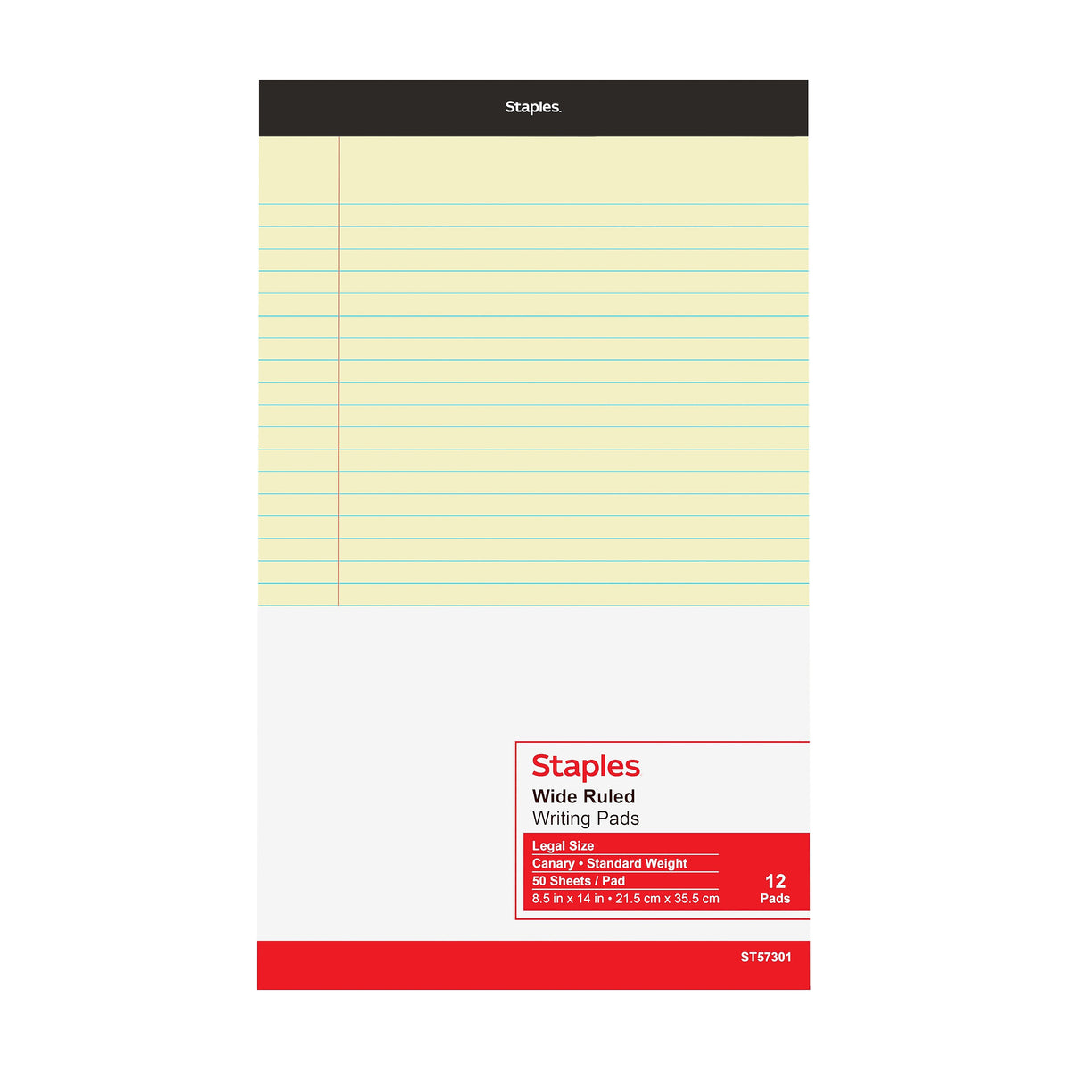 Staples Notepad, 8.5" x 14", Wide Ruled, Canary, 50 Sheets/Pad, Dozen Pads/Pack