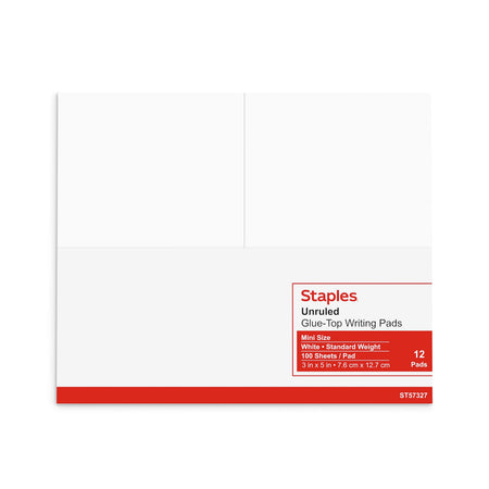 Staples Notepads, 3" x 5", Unruled, White, 100 Sheets/Pad, Dozen Pads/Pack