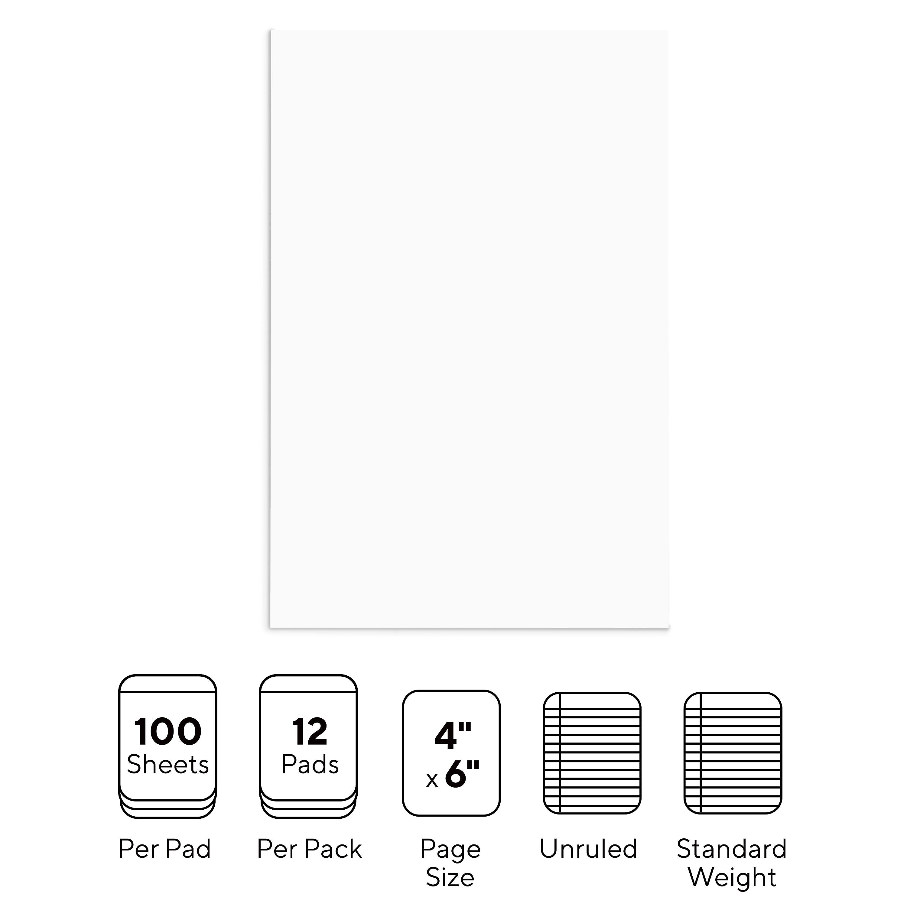 Staples Notepads, 4" x 6", Unruled, White, 100 Sheets/Pad, Dozen Pads/Pack