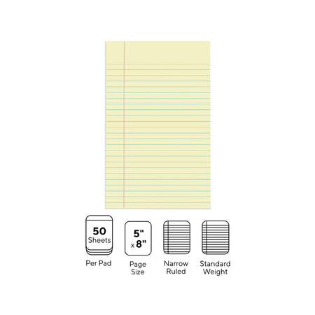 Staples® Notepads, 5" x 8", Narrow Ruled, Canary, 50 Sheets/Pad, 12 Pads/Pack