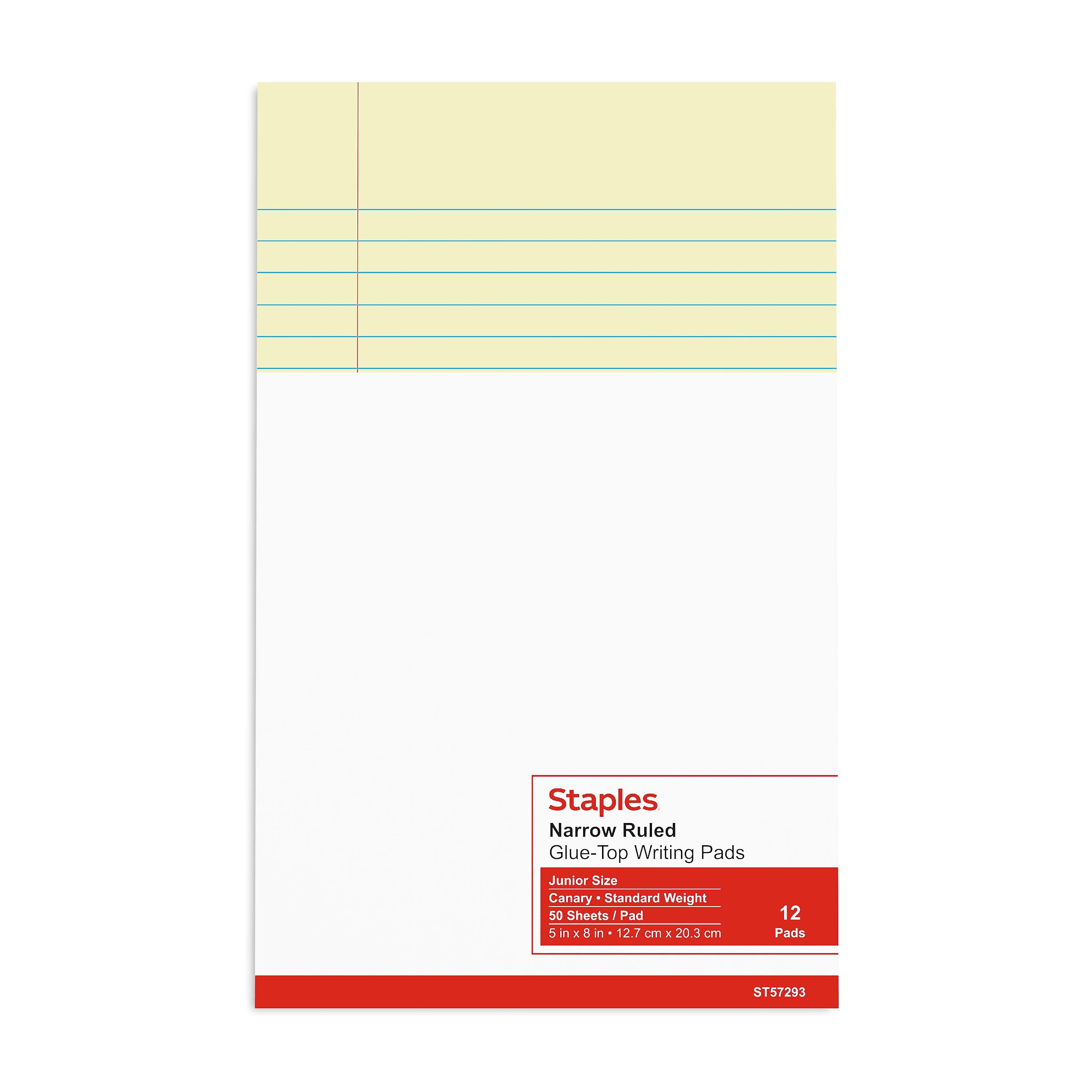 Staples® Notepads, 5" x 8", Narrow Ruled, Canary, 50 Sheets/Pad, 12 Pads/Pack