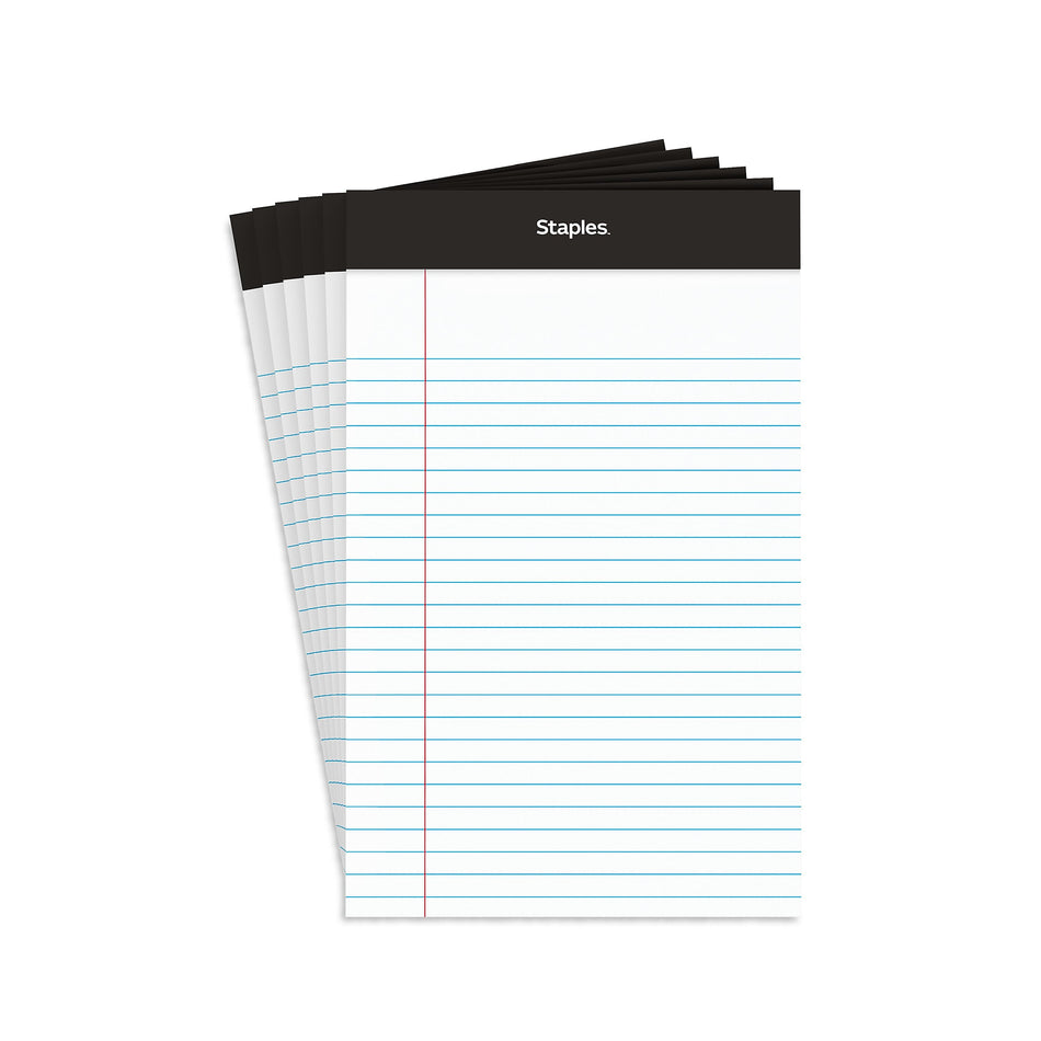 Staples Notepads, 5" x 8", Narrow Ruled, White, 100 Sheets/Pad, 6 Pads/Pack