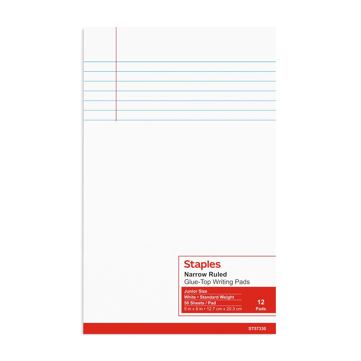 Staples Notepads, 5" x 8", Narrow Ruled, White, 50 Sheets/Pad, Dozen Pads/Pack