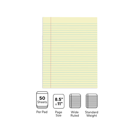 Staples Notepads, 8.5" x 11", Wide Ruled, Canary, 50 Sheets/Pad, Dozen Pads/Pack