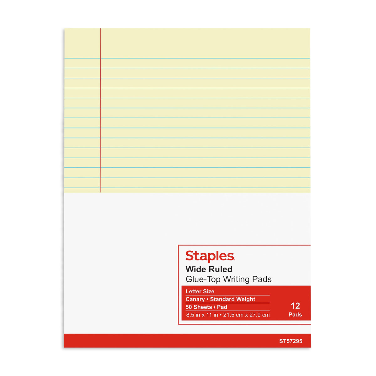 Staples Notepads, 8.5" x 11", Wide Ruled, Canary, 50 Sheets/Pad, Dozen Pads/Pack