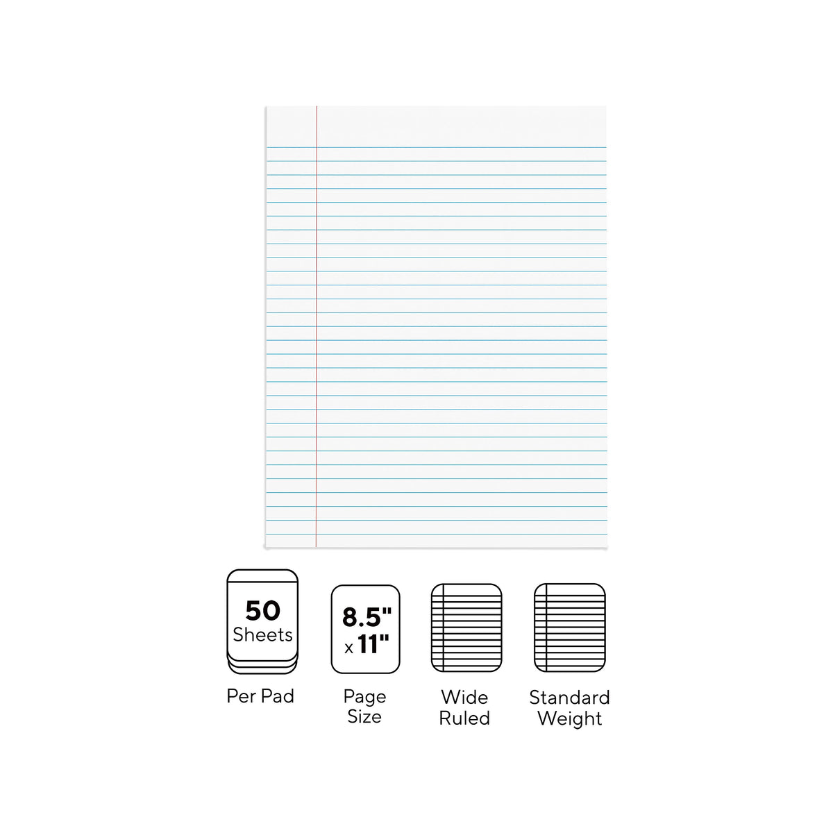 Staples Notepads, 8.5" x 11" , Wide Ruled, White, 50 Sheets/Pad, Dozen Pads/Pack