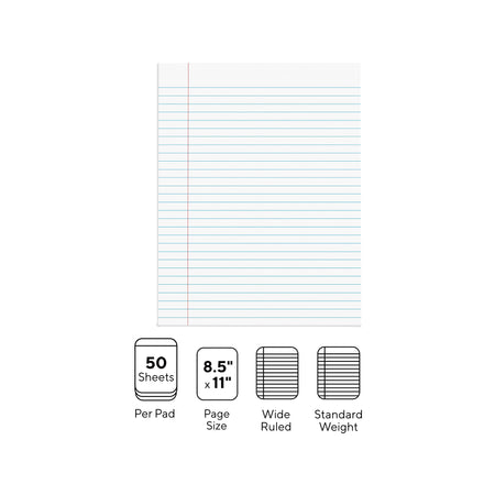 Staples Notepads, 8.5" x 11" , Wide Ruled, White, 50 Sheets/Pad, Dozen Pads/Pack