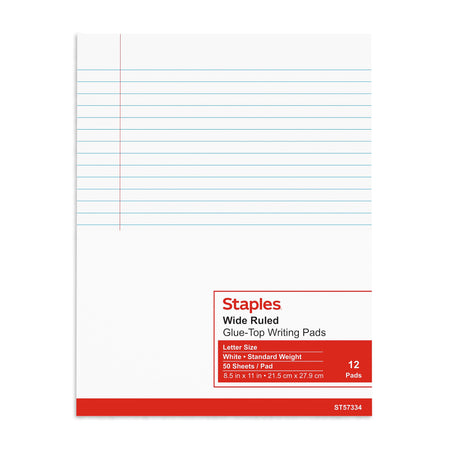 Staples Notepads, 8.5" x 11" , Wide Ruled, White, 50 Sheets/Pad, Dozen Pads/Pack