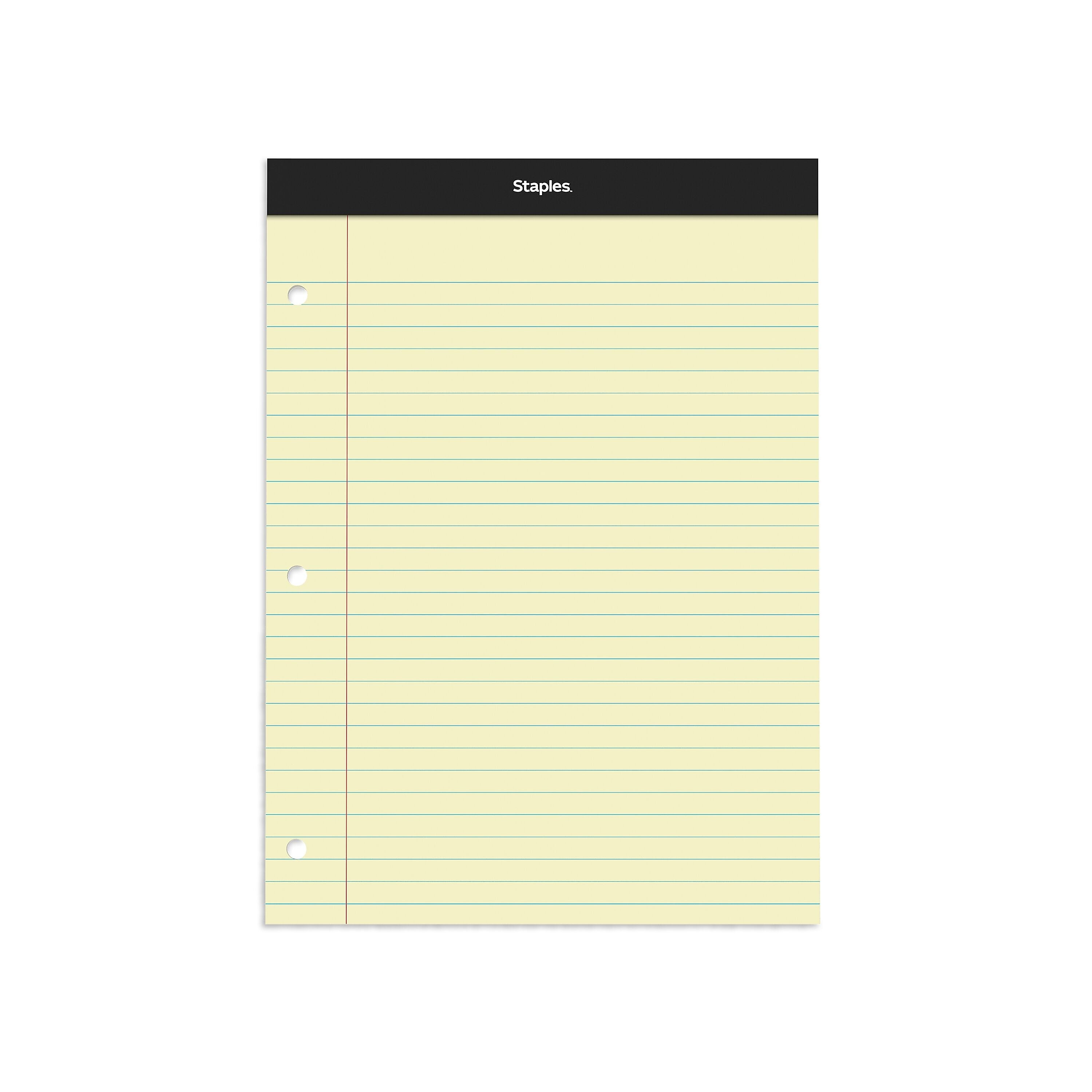 Staples Notepads, 8.5" x 11.75", Wide Ruled, Canary, 100 Sheets/Pad, 6 Pads/Pack