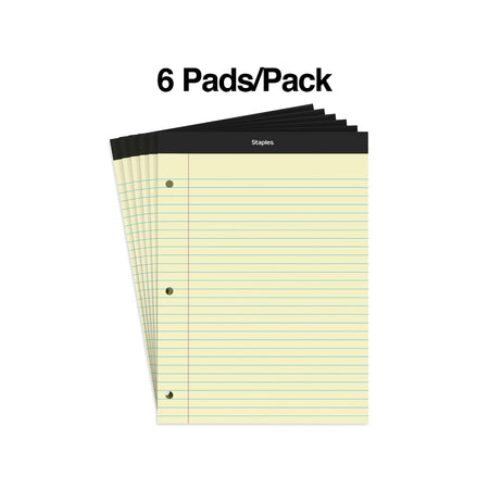 Staples Notepads, 8.5" x 11.75", Wide Ruled, Canary, 100 Sheets/Pad, 6 Pads/Pack