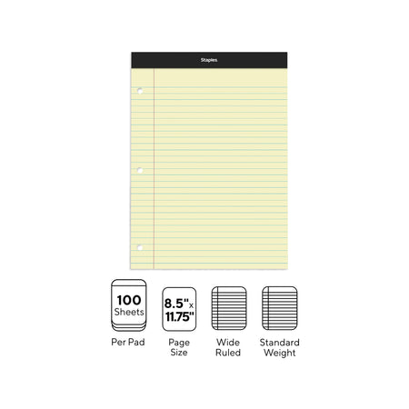 Staples Notepads, 8.5" x 11.75", Wide Ruled, Canary, 100 Sheets/Pad, 6 Pads/Pack