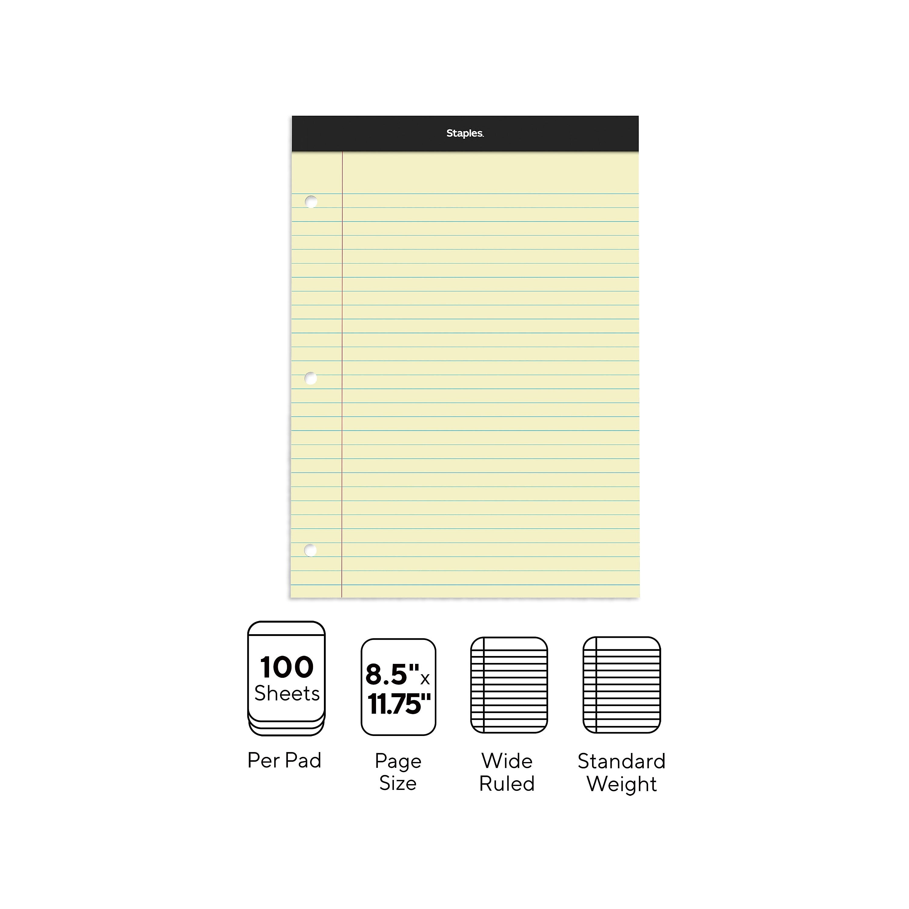 Staples Notepads, 8.5" x 11.75", Wide Ruled, Canary, 100 Sheets/Pad, 6 Pads/Pack