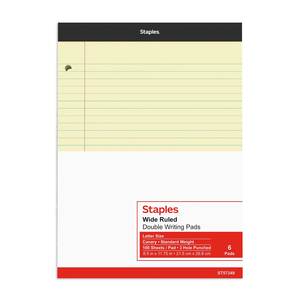 Staples Notepads, 8.5" x 11.75", Wide Ruled, Canary, 100 Sheets/Pad, 6 Pads/Pack