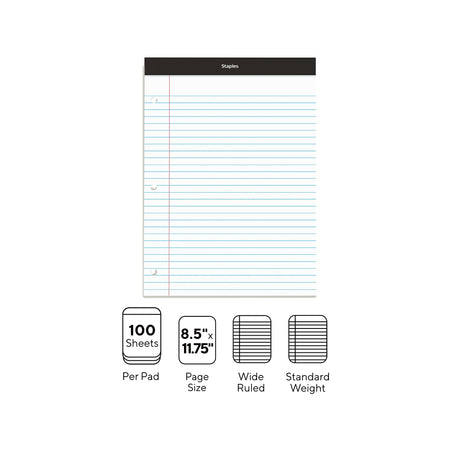 Staples Notepads, 8.5" x 11.75", Wide Ruled, White, 100 Sheets/Pad, 6 Pads/Pack