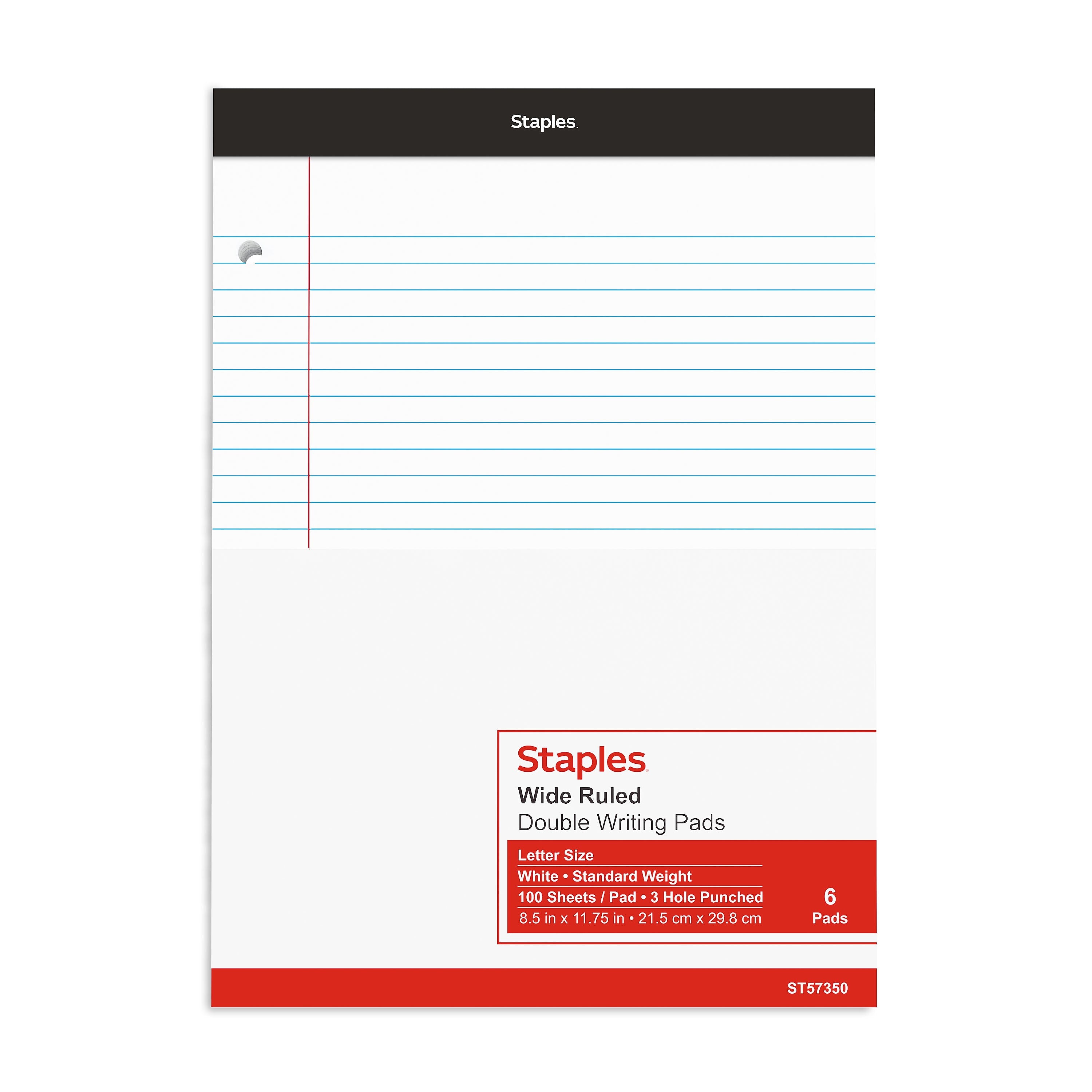 Staples Notepads, 8.5" x 11.75", Wide Ruled, White, 100 Sheets/Pad, 6 Pads/Pack