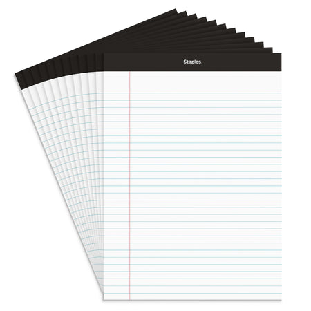 Staples Notepads, 8.5" x 11.75", Wide Ruled, White, 50 Sheets/Pad, Dozen Pads/Pack