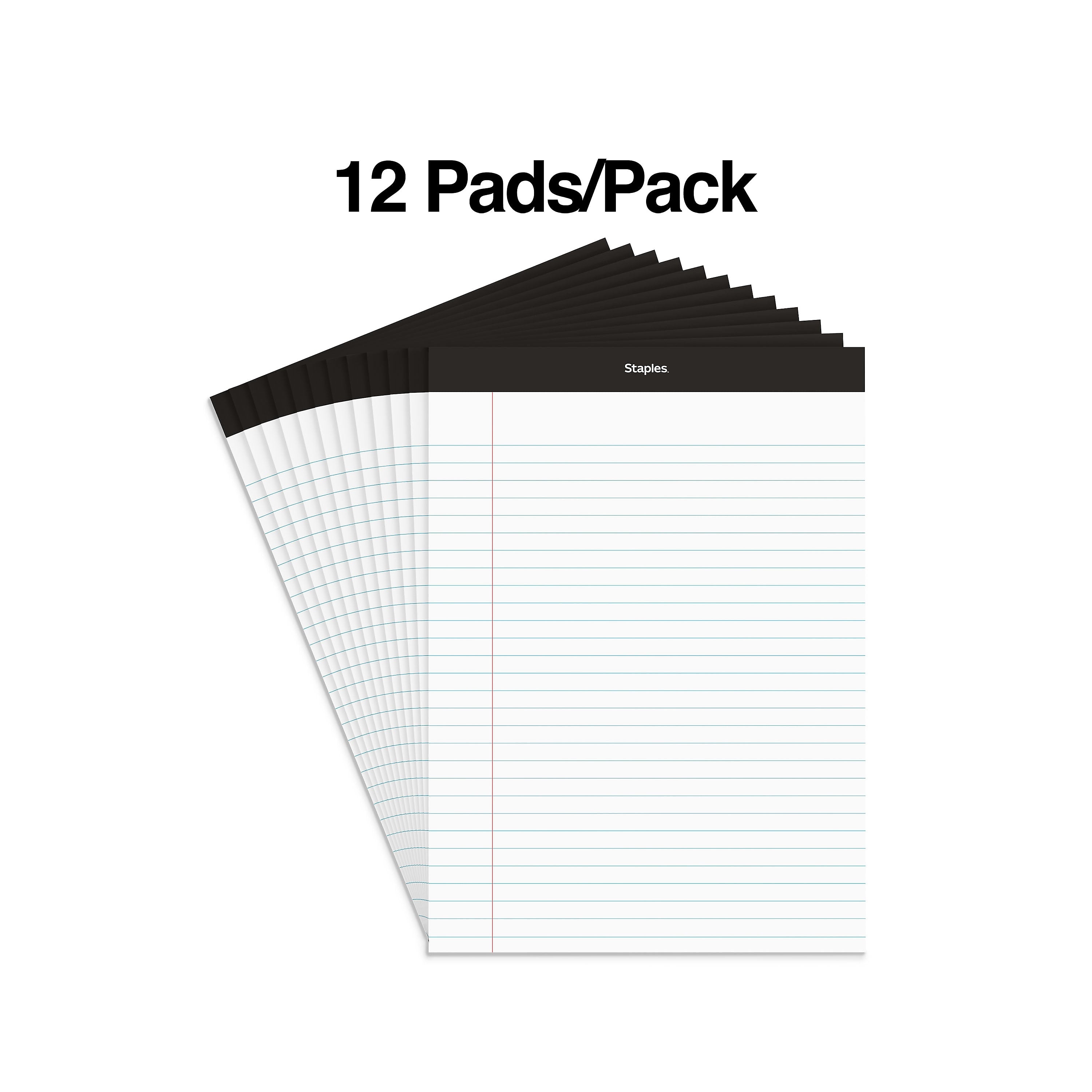 Staples Notepads, 8.5" x 11.75", Wide Ruled, White, 50 Sheets/Pad, Dozen Pads/Pack