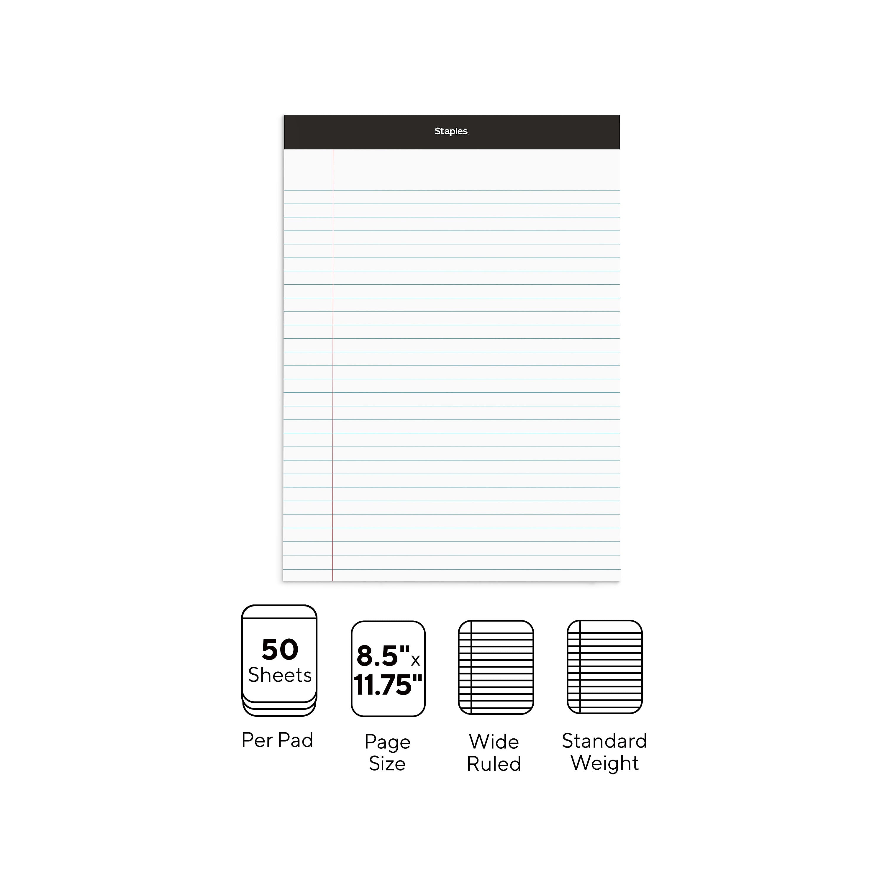 Staples Notepads, 8.5" x 11.75", Wide Ruled, White, 50 Sheets/Pad, Dozen Pads/Pack