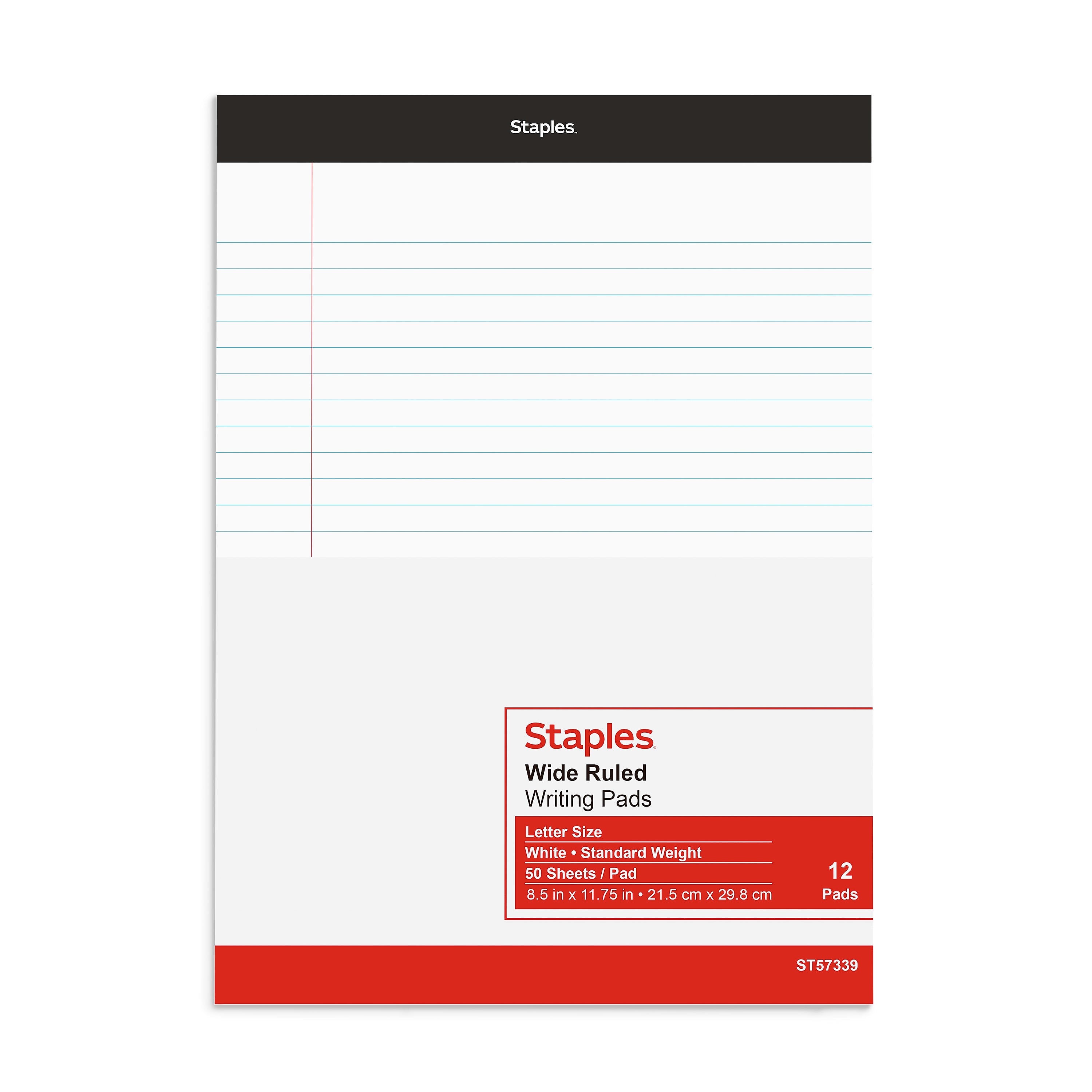 Staples Notepads, 8.5" x 11.75", Wide Ruled, White, 50 Sheets/Pad, Dozen Pads/Pack