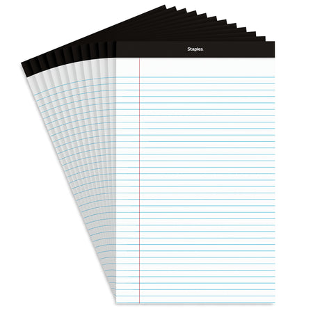 Staples Notepads, 8.5" x 14" , Wide Ruled, White, 50 Sheets/Pad, Dozen Pads/Pack