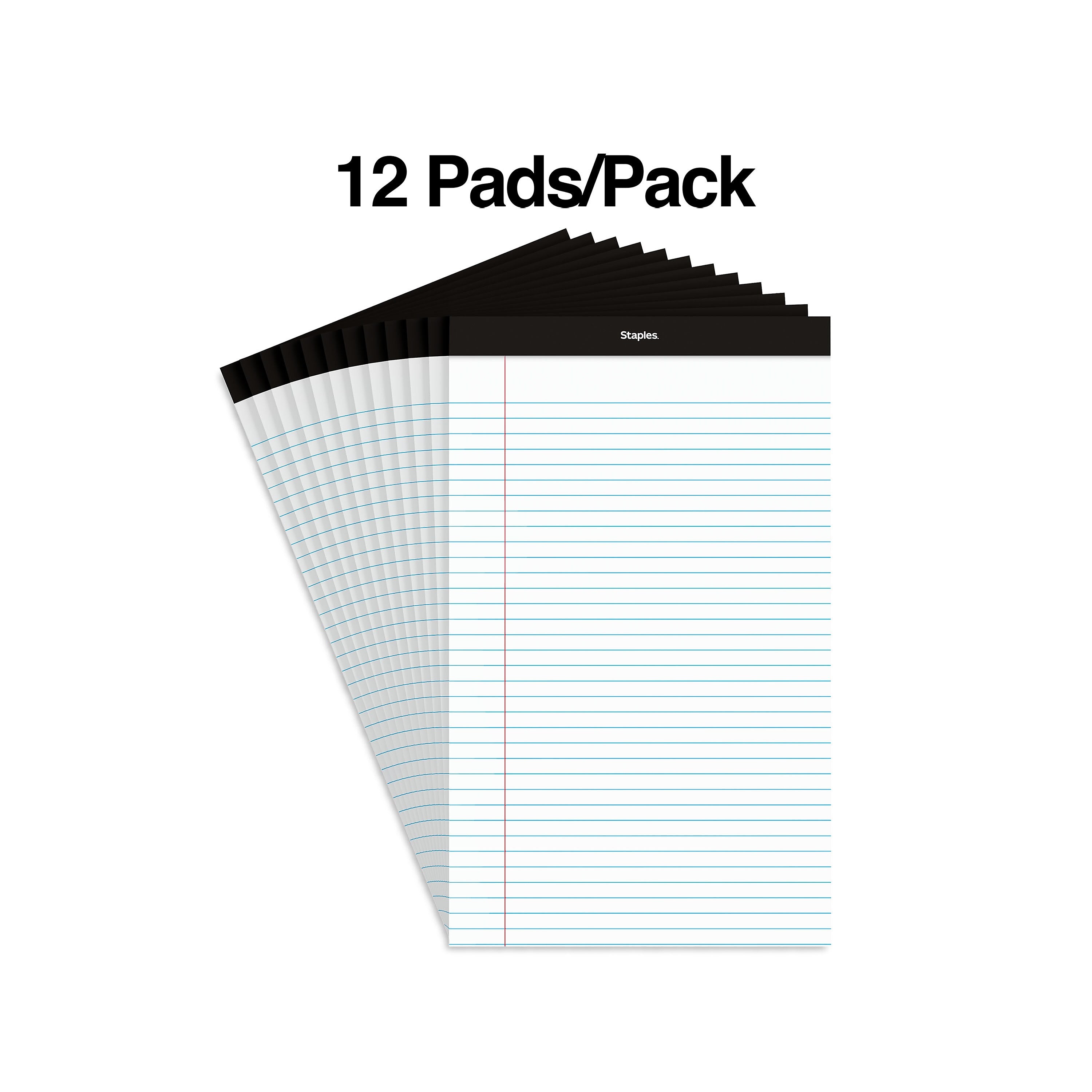 Staples Notepads, 8.5" x 14" , Wide Ruled, White, 50 Sheets/Pad, Dozen Pads/Pack