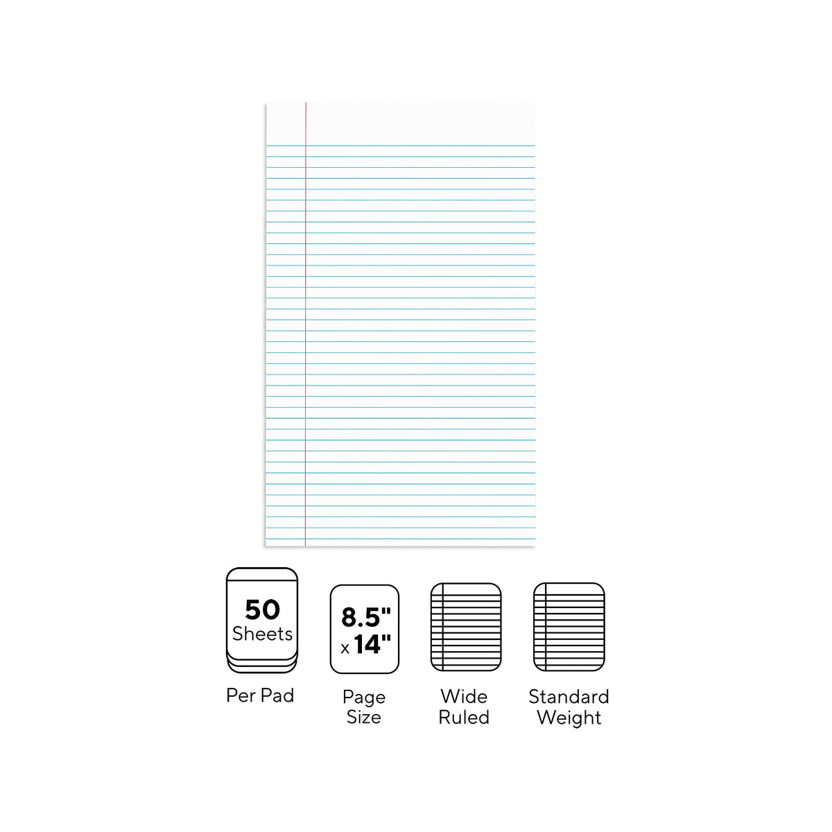 Staples Notepads, 8.5" x 14", Wide Ruled, White, 50 Sheets/Pad, Dozen Pads/Pack