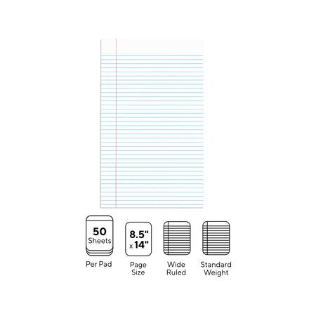 Staples Notepads, 8.5" x 14", Wide Ruled, White, 50 Sheets/Pad, Dozen Pads/Pack