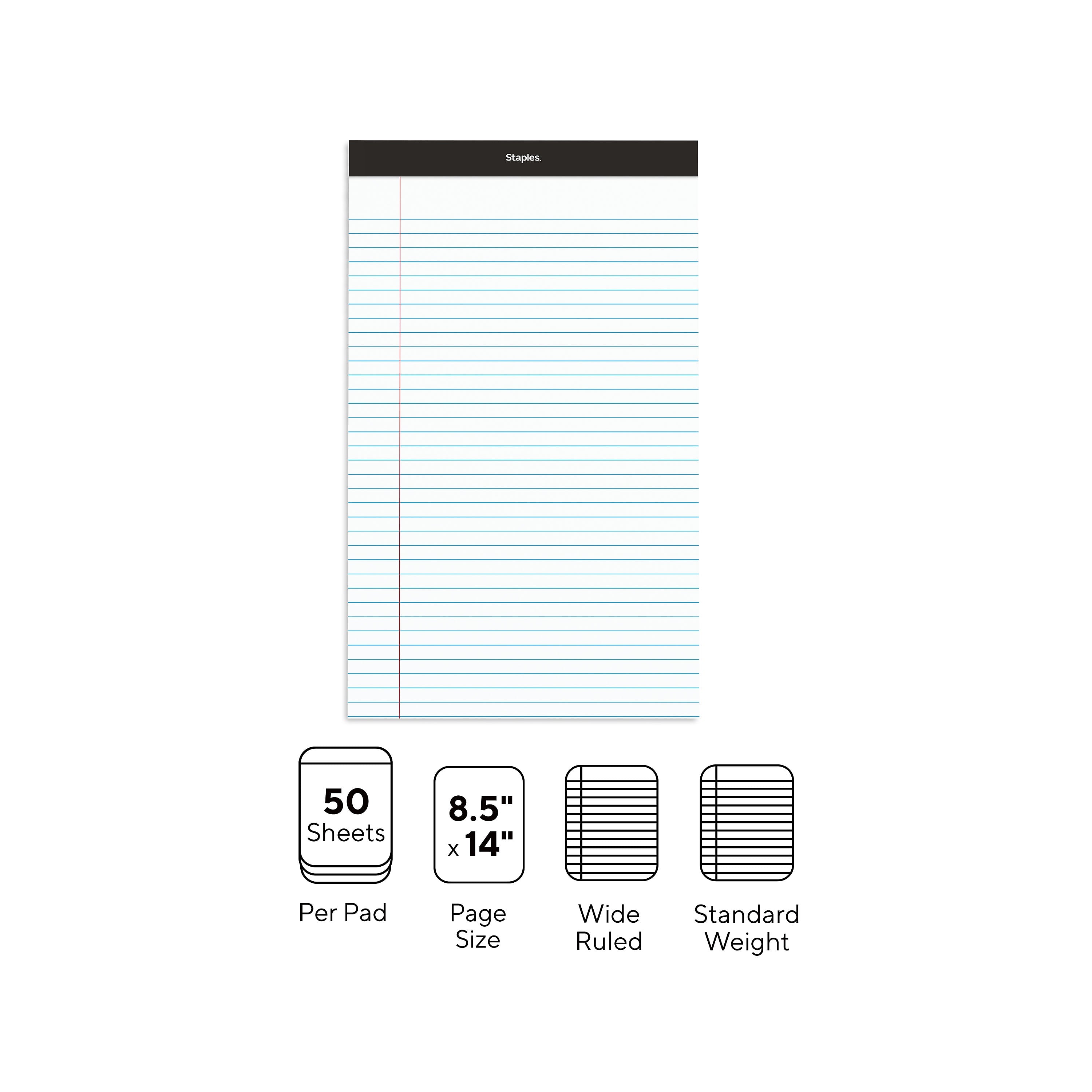 Staples Notepads, 8.5" x 14" , Wide Ruled, White, 50 Sheets/Pad, Dozen Pads/Pack