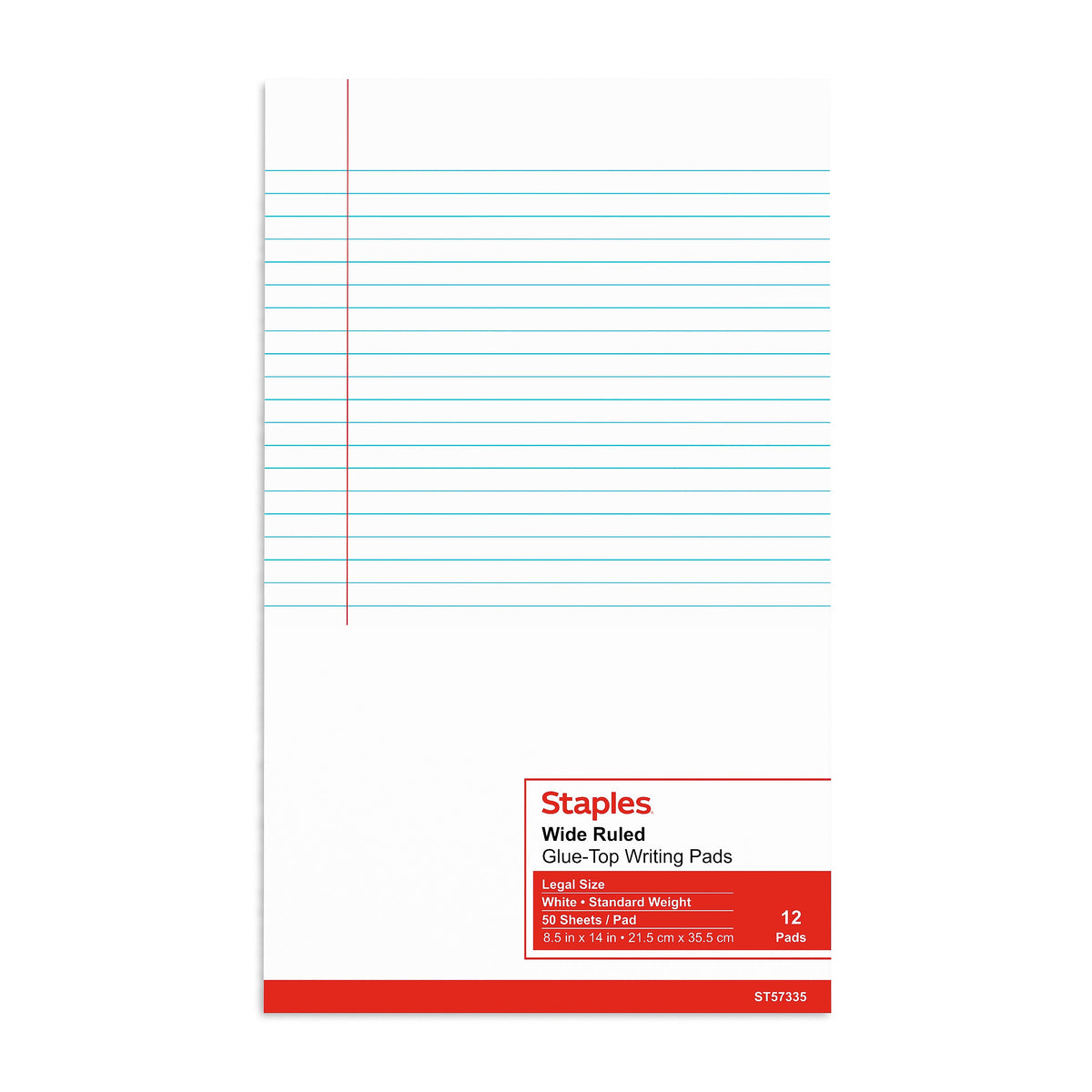 Staples Notepads, 8.5" x 14", Wide Ruled, White, 50 Sheets/Pad, Dozen Pads/Pack