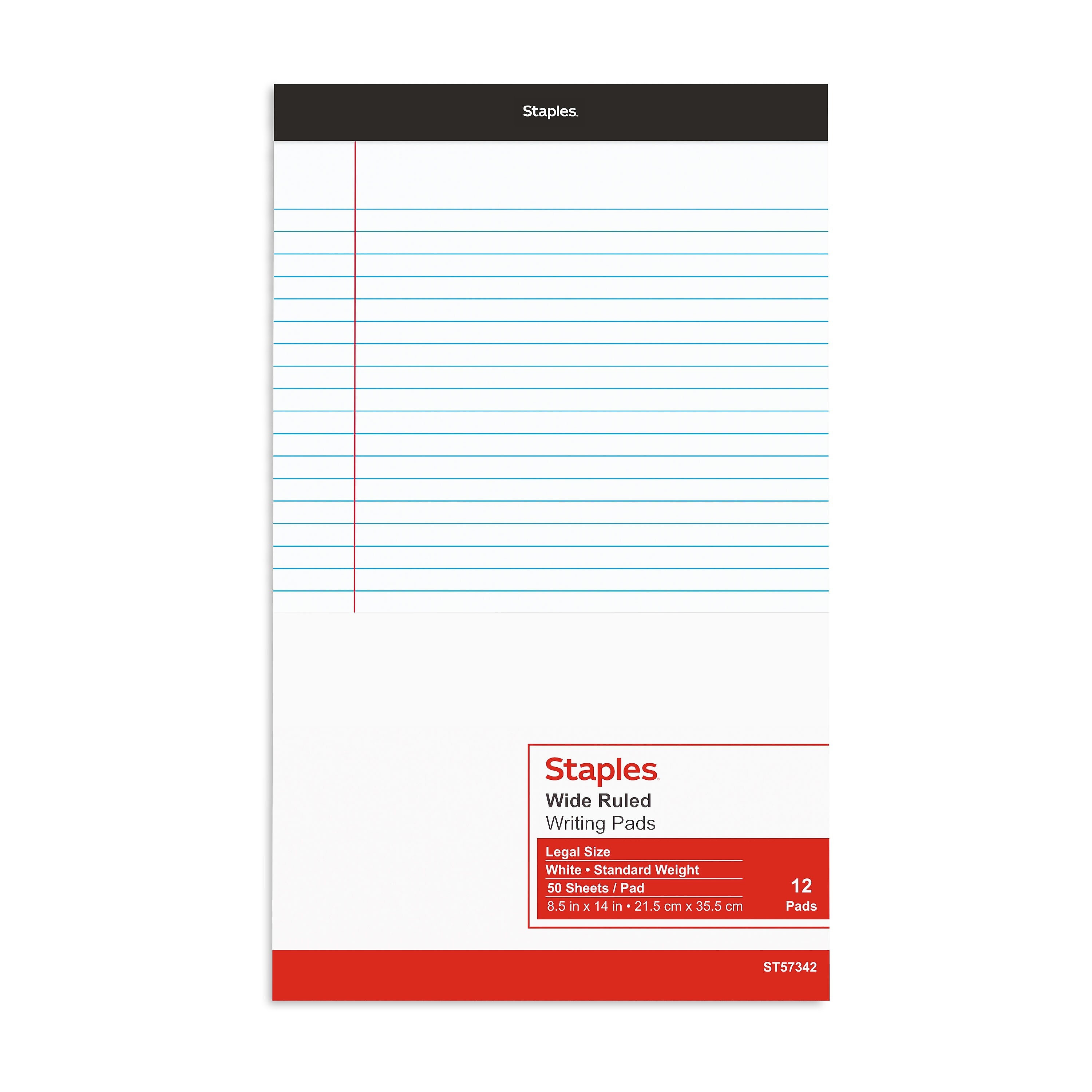 Staples Notepads, 8.5" x 14" , Wide Ruled, White, 50 Sheets/Pad, Dozen Pads/Pack