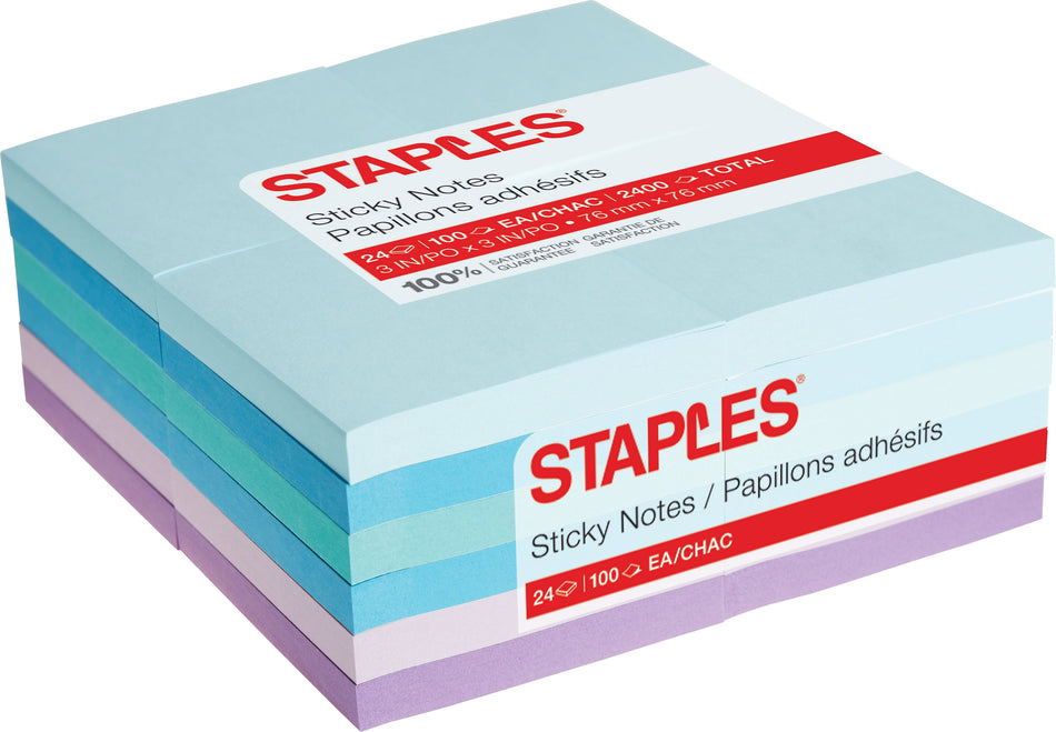 Staples® Notes, 3" x 3", Assorted Collection, 100 Sheet/Pad, 24 Pads/Pack