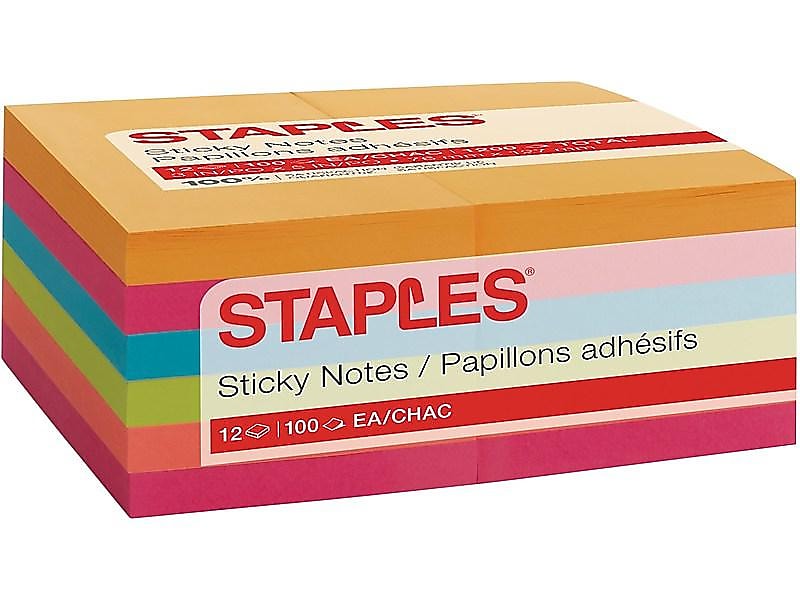 Staples® Notes, 3" x 5", Sorbet Collection, 100 Sheet/Pad, 12 Pads/Pack