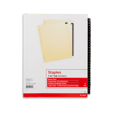 Staples Numeric Leather Dividers, 31-Tab, Black