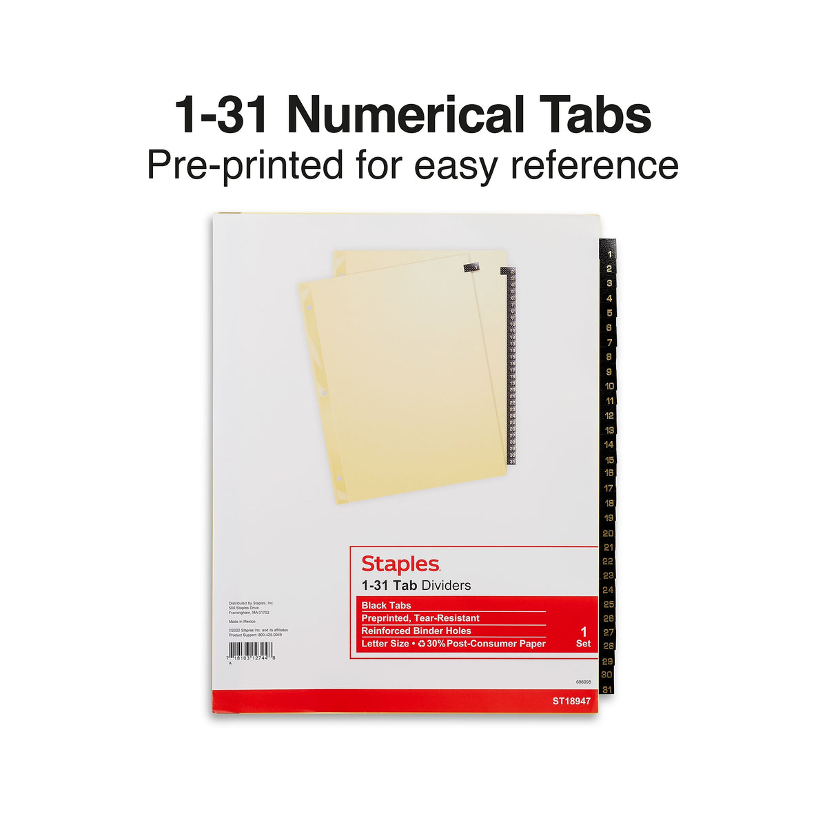 Staples Numeric Leather Dividers, 31-Tab, Black