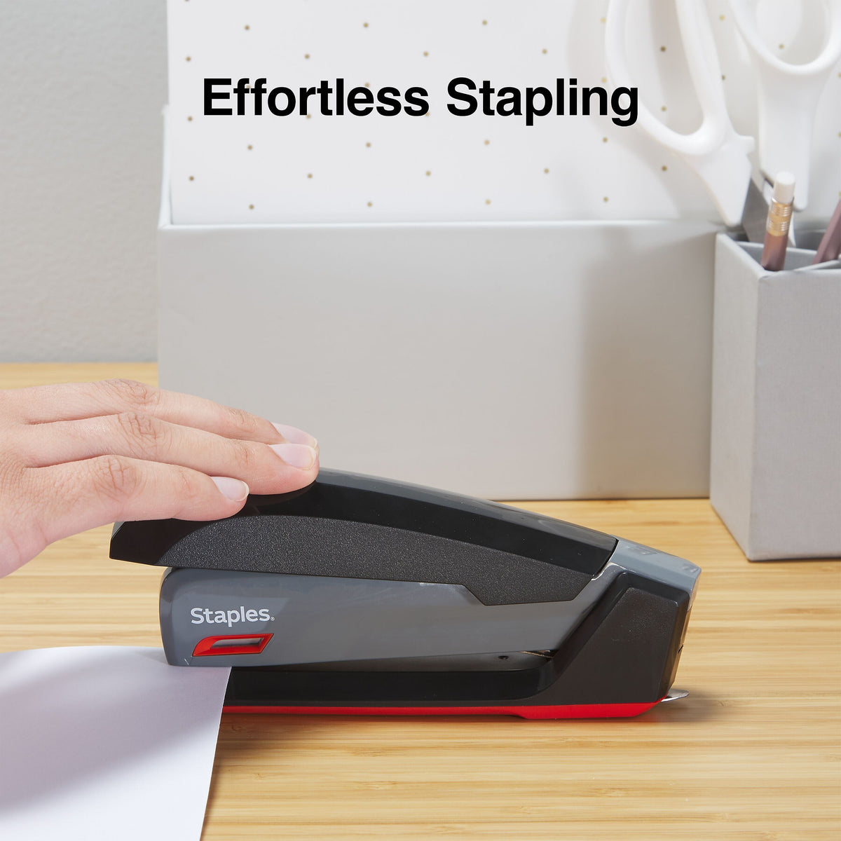 Staples One-Touch Desktop Stapler, 20 Sheet Capacity, Gray/Black/Red