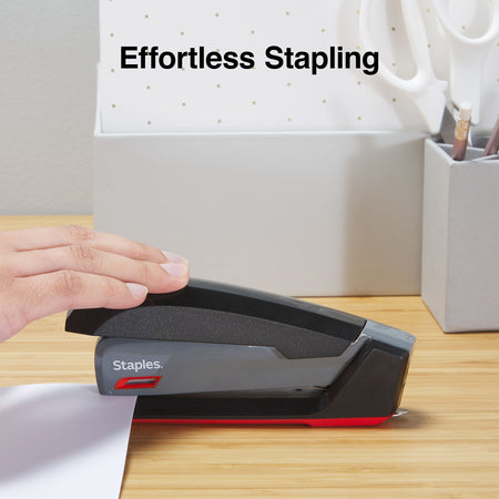 Staples One-Touch Desktop Stapler, 20 Sheet Capacity, Gray/Black/Red