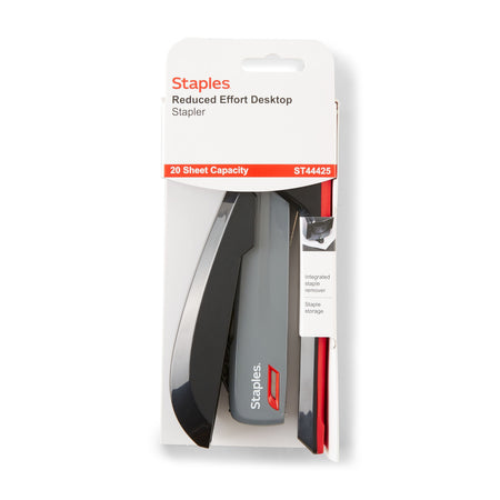 Staples One-Touch Desktop Stapler, 20 Sheet Capacity, Gray/Black/Red