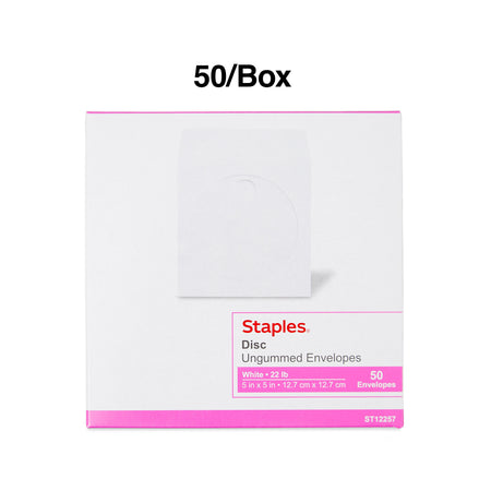 Staples Open End CD/DVD Envelopes, 5" x 5", White, 50/Box