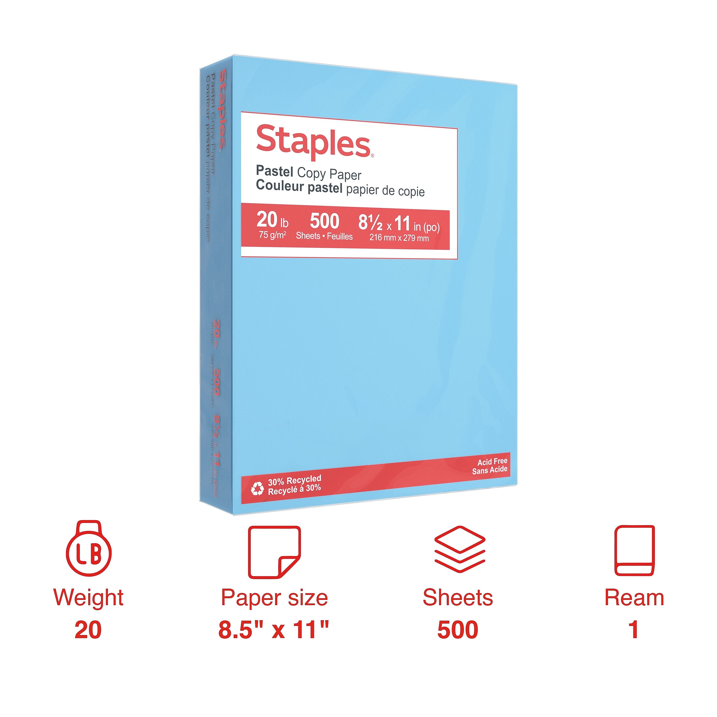 Staples Pastel 30% Recycled Color Copy Paper, 20 lbs., 8.5