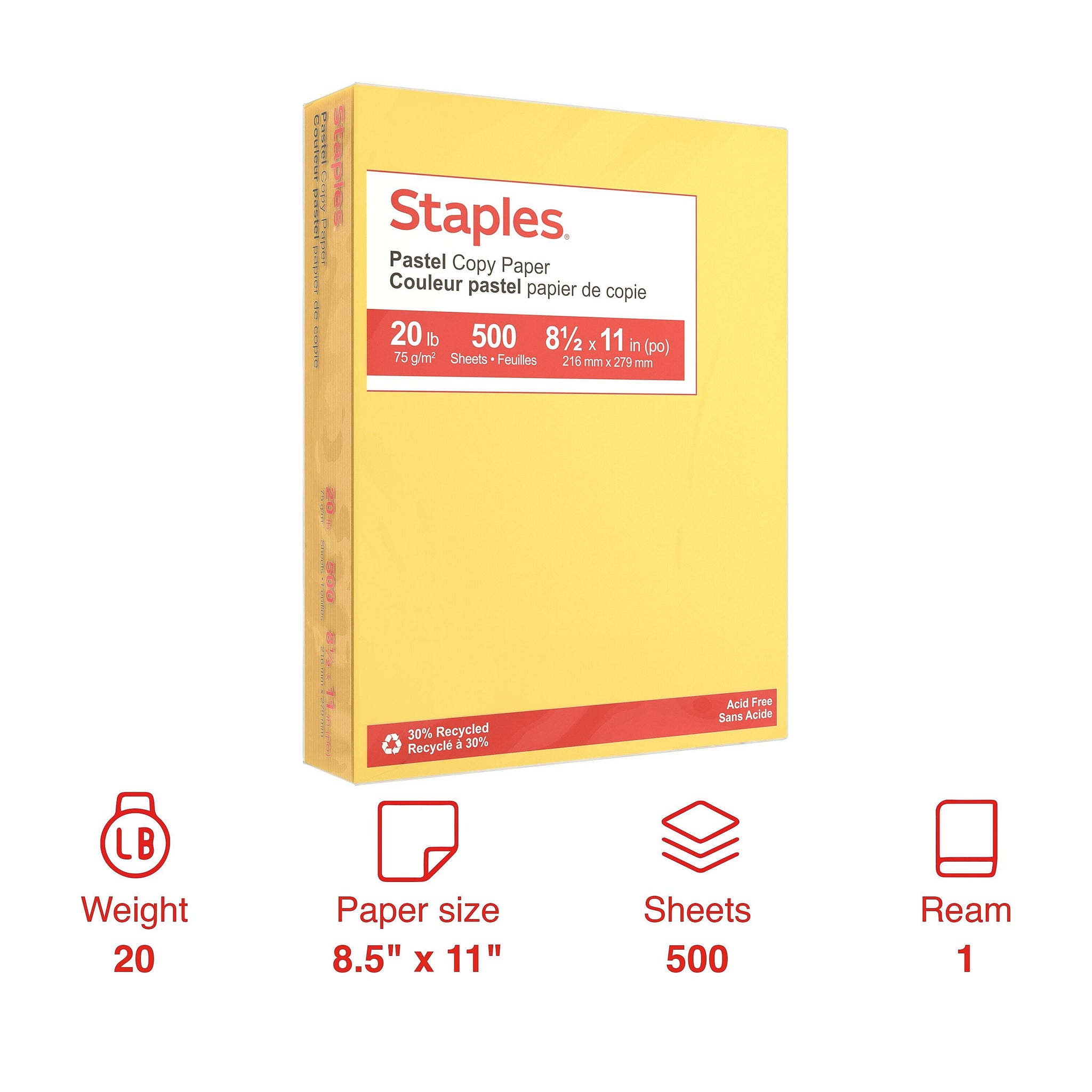 Staples Pastel 30% Recycled Color Copy Paper, 20 lbs., 8.5