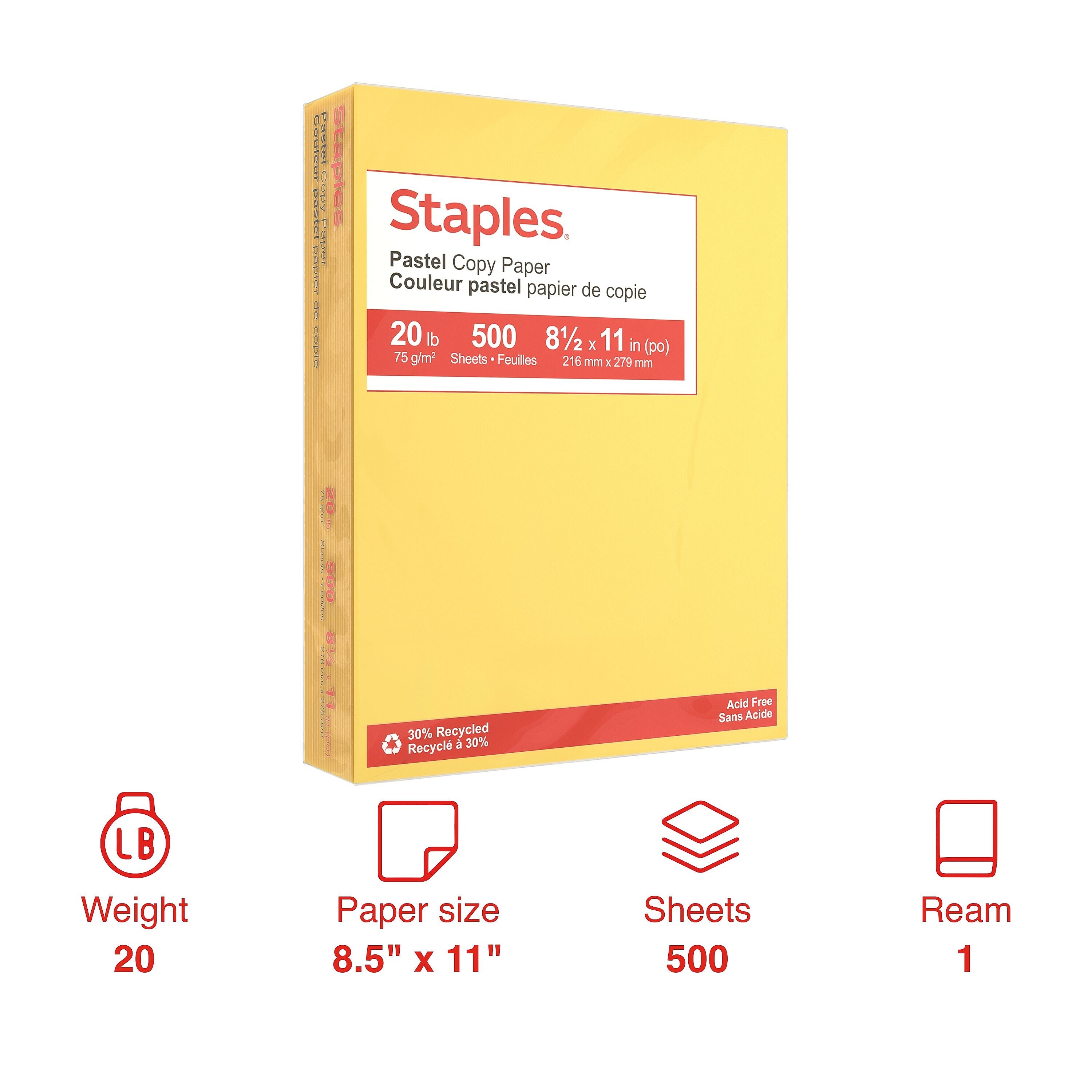 Staples Pastel 30% Recycled Color Copy Paper, 20 lbs., 8.5