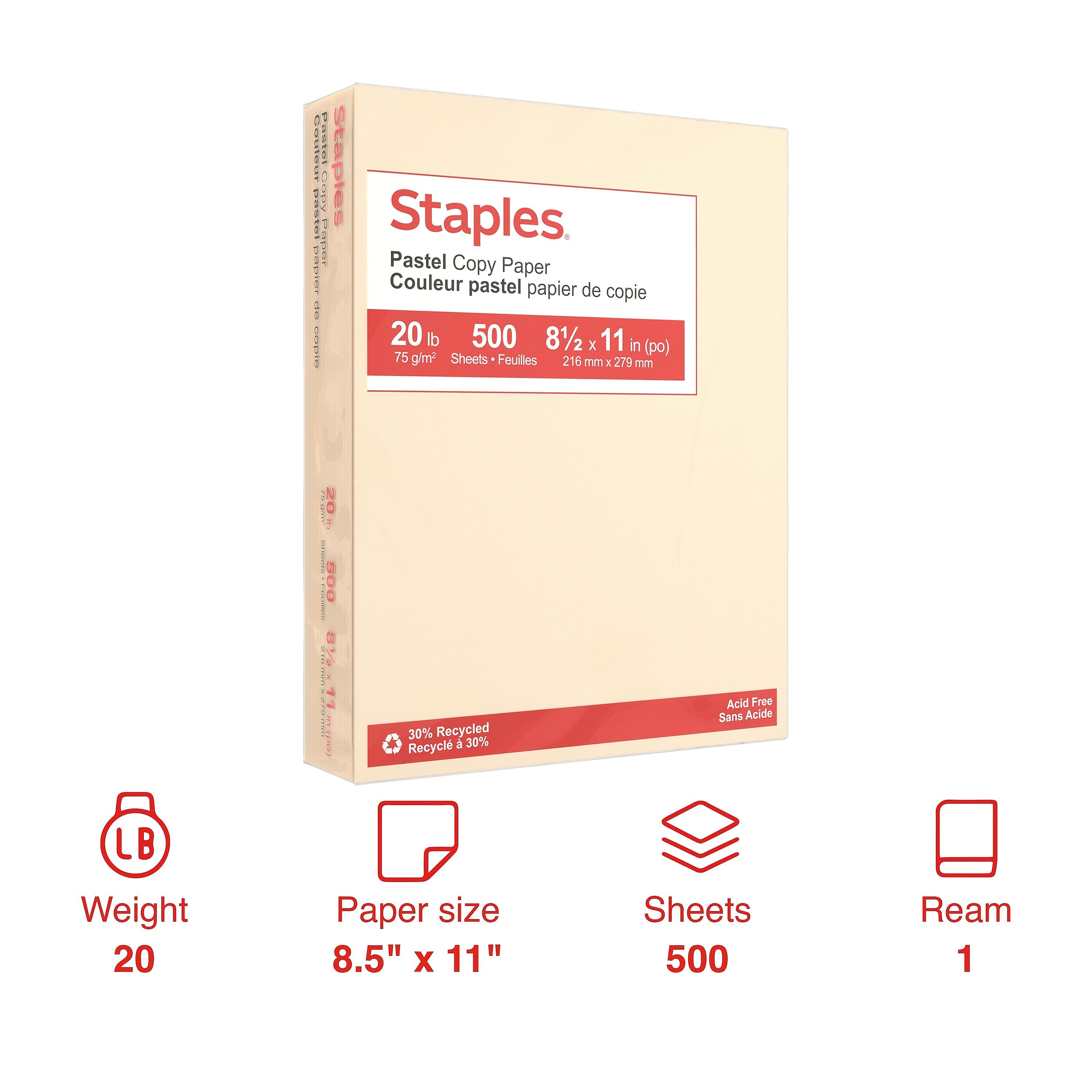 Staples Pastel 30% Recycled Color Copy Paper, 20 lbs., 8.5