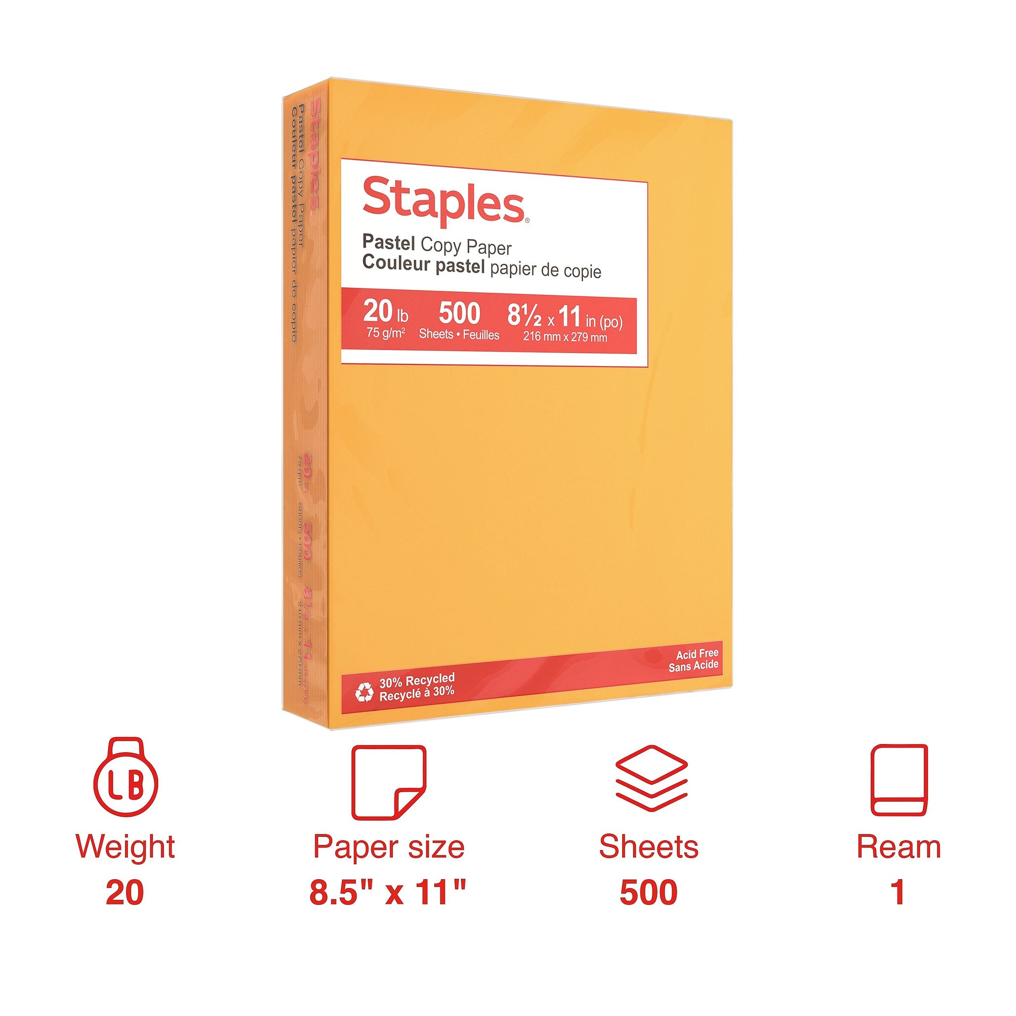 Staples Pastel 30% Recycled Color Copy Paper, 20 lbs., 8.5