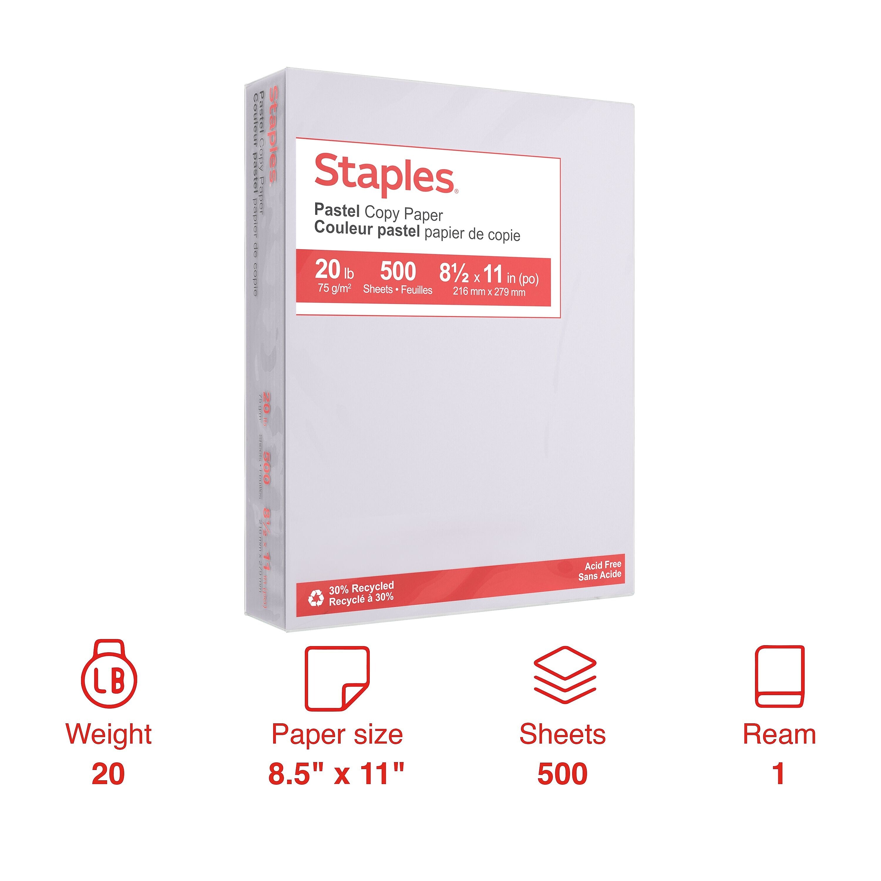 Staples Pastel 30% Recycled Color Copy Paper, 20 lbs., 8.5