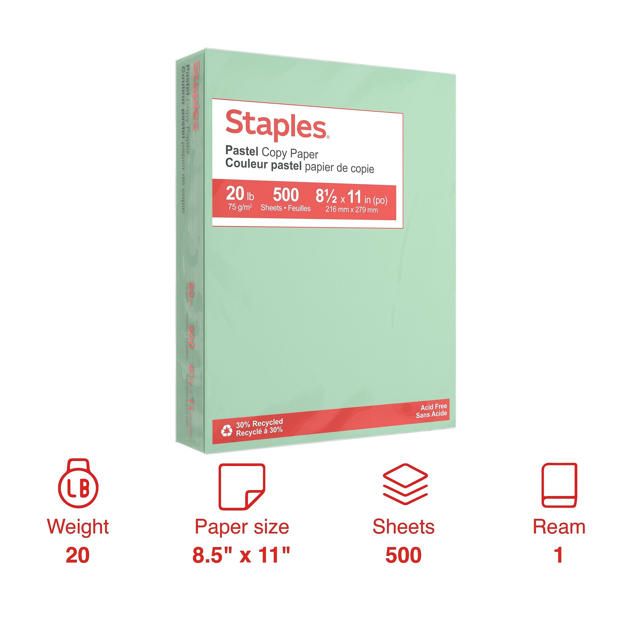 Staples Pastel 30% Recycled Color Copy Paper, 20 lbs., 8.5