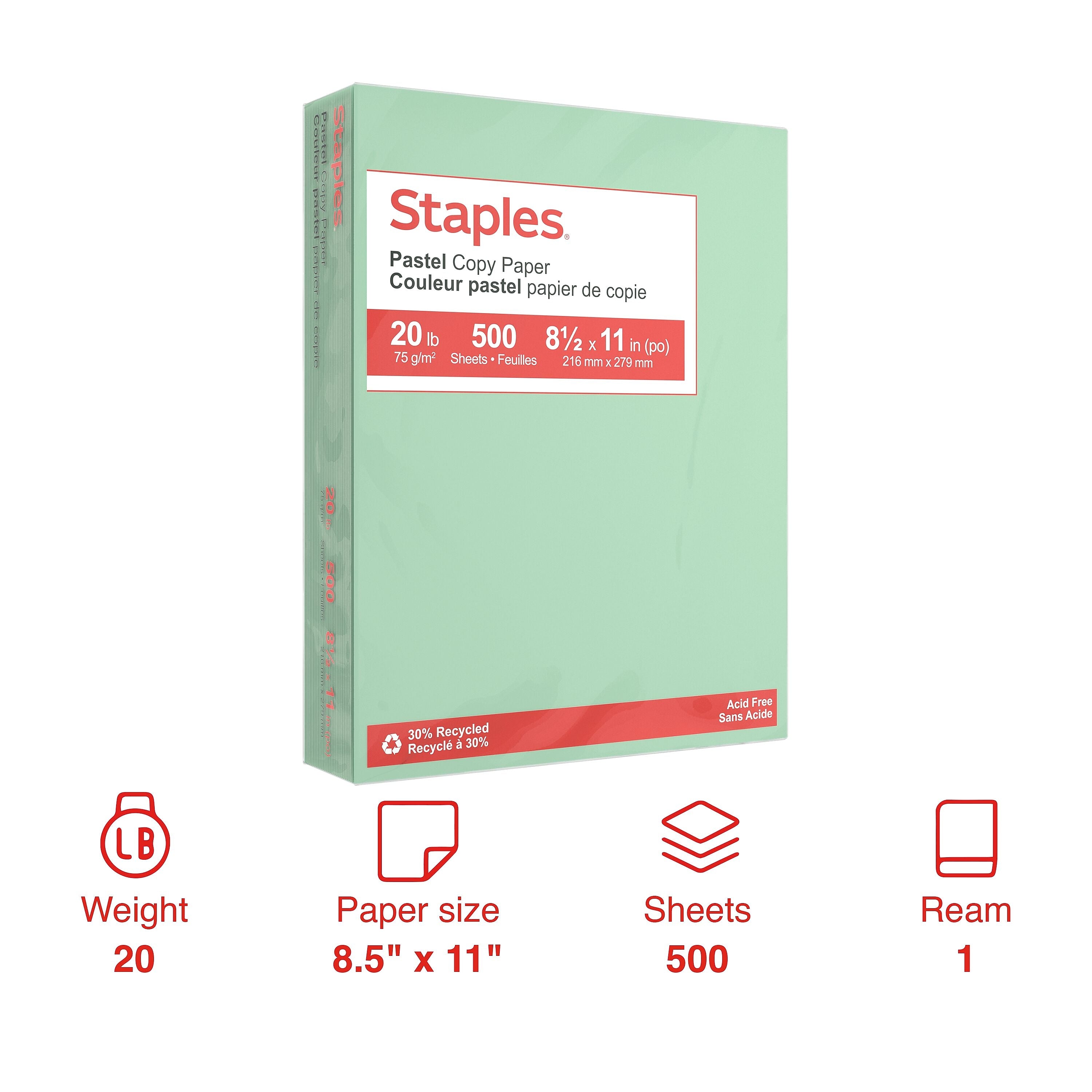 Staples Pastel 30% Recycled Color Copy Paper, 20 lbs., 8.5