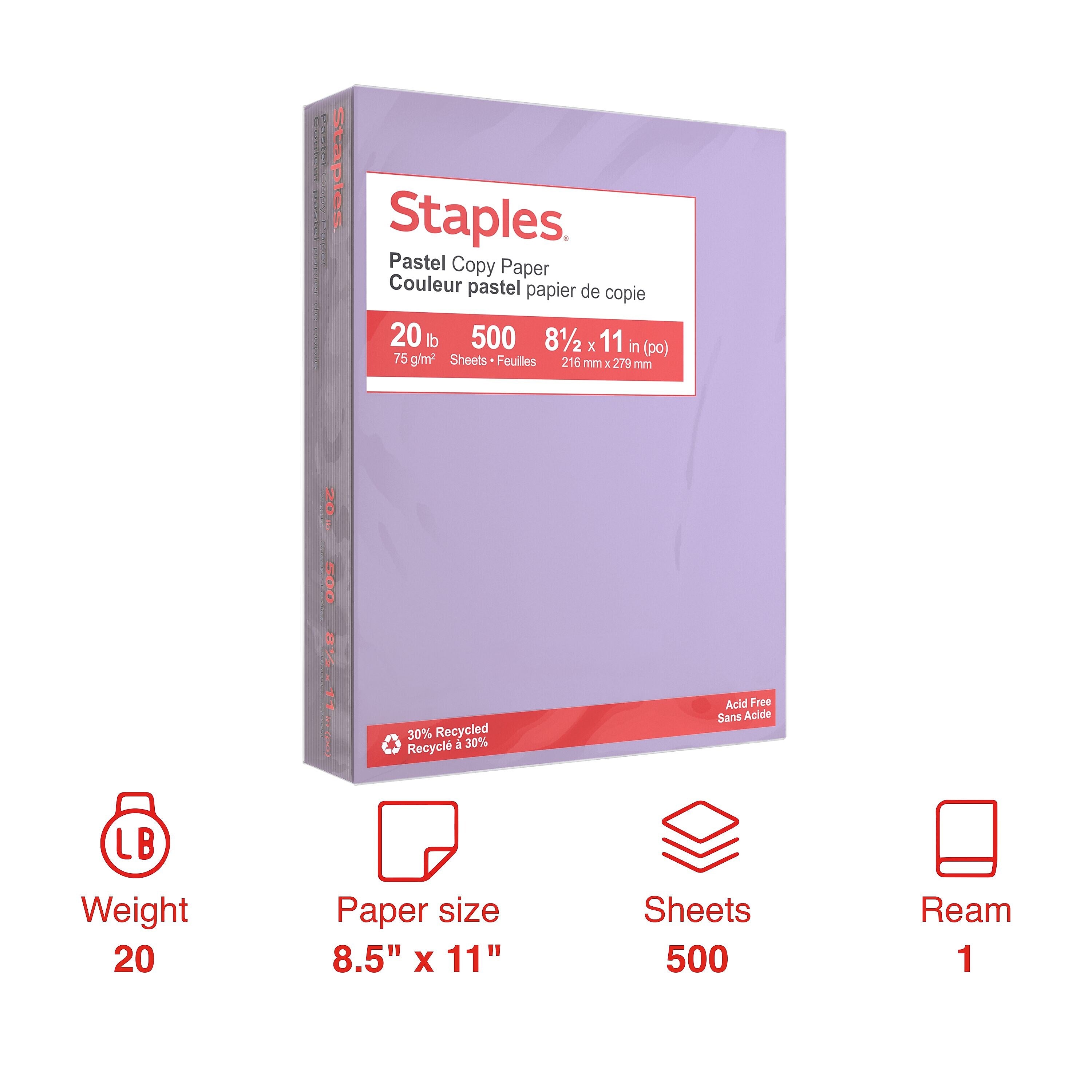 Staples Pastel 30% Recycled Color Copy Paper, 20 lbs., 8.5
