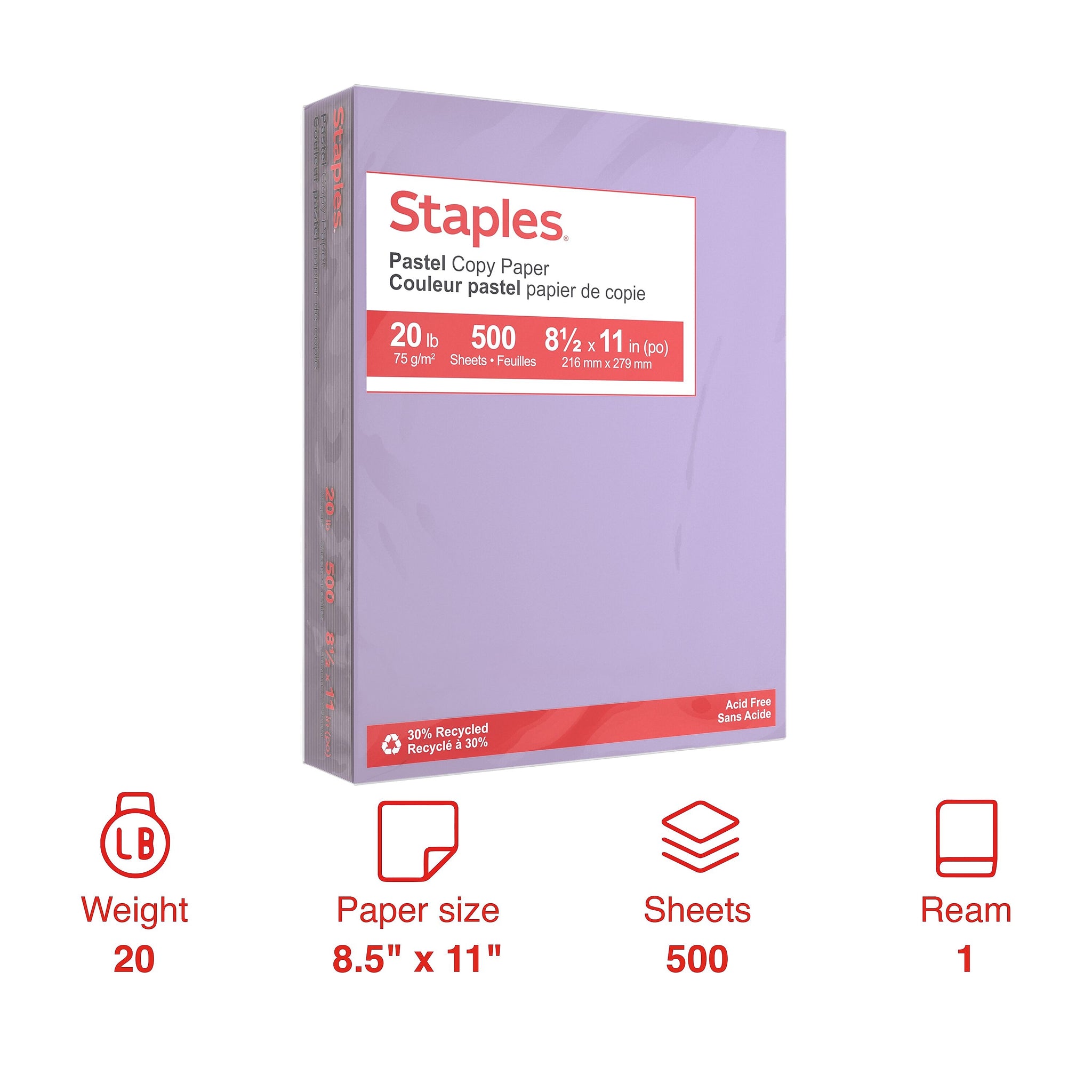 Staples Pastel 30% Recycled Color Copy Paper, 20 lbs., 8.5