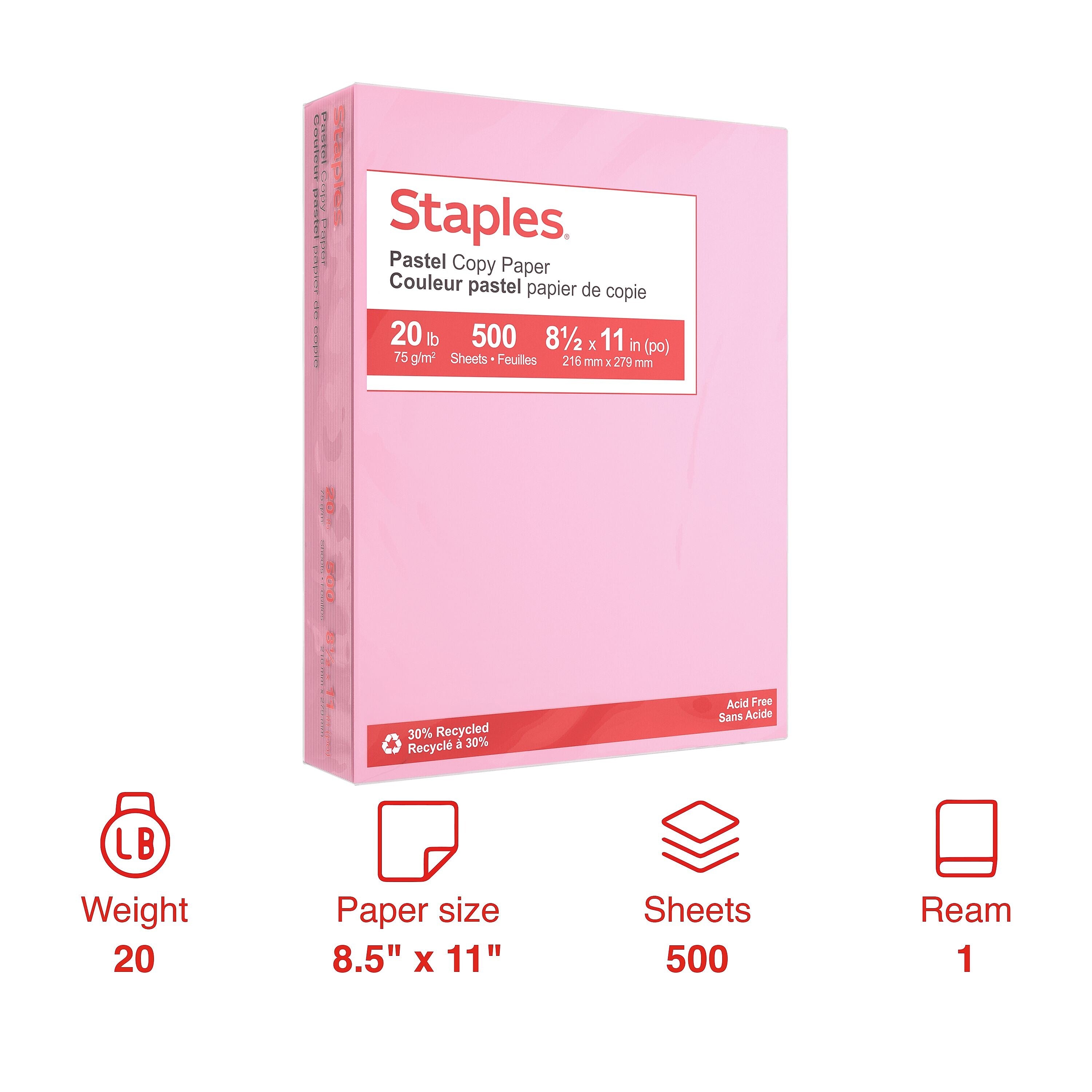 Staples Pastel 30% Recycled Color Copy Paper, 20 lbs., 8.5