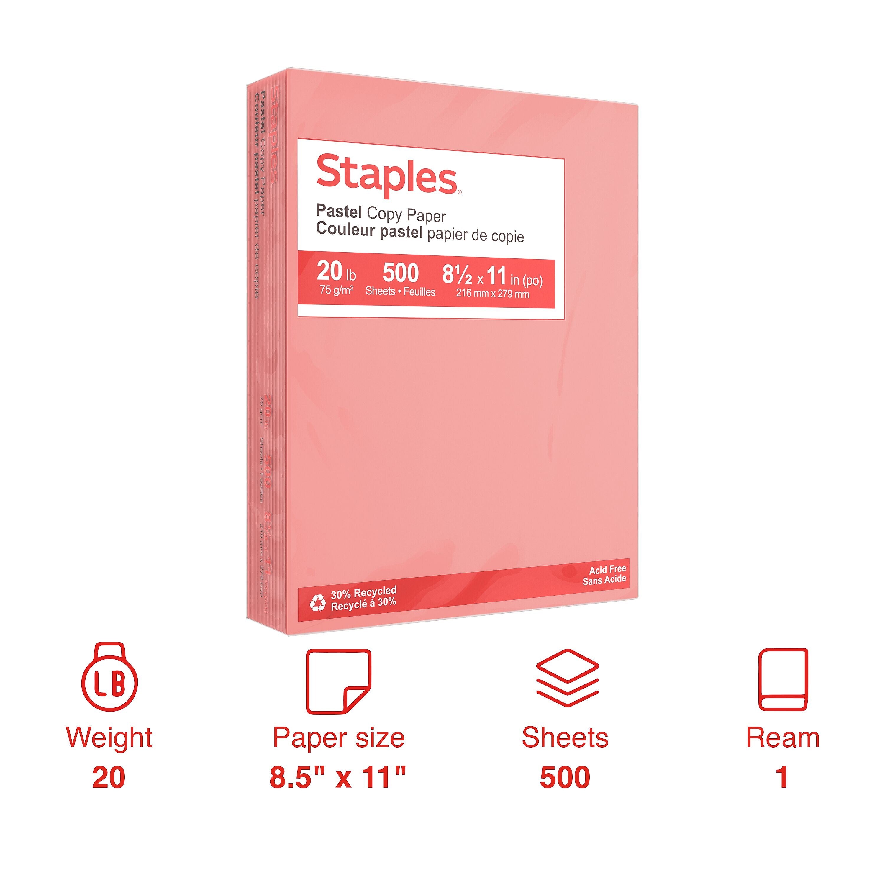 Staples Pastel 30% Recycled Color Copy Paper, 20 lbs., 8.5